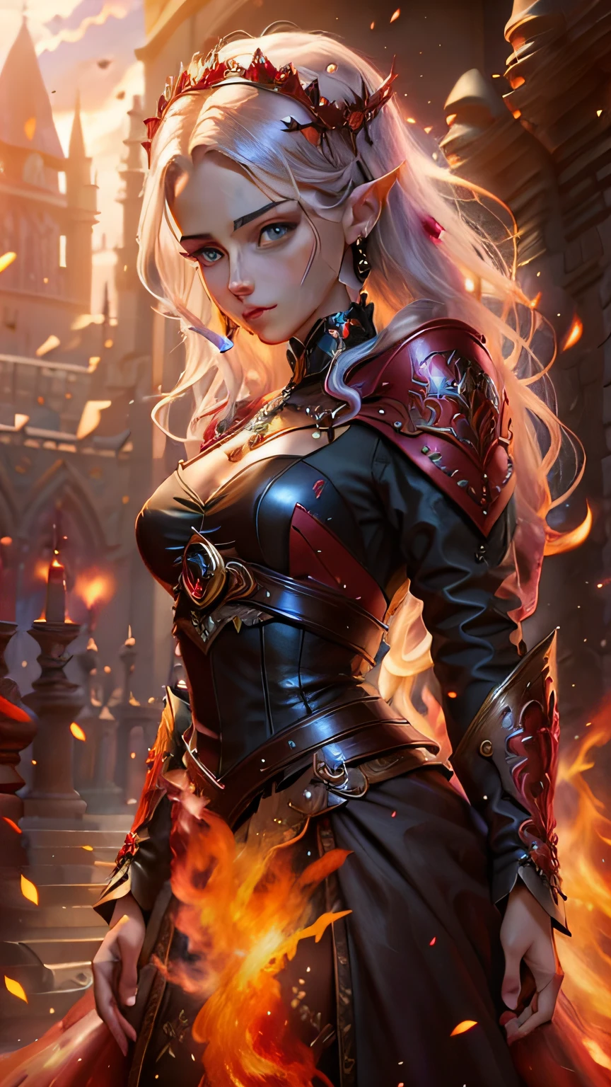 8K、Red flame-shaped chest armor,A bewitching succubus wearing luxurious red armor.,Super beautiful(like the real thing)、Long skirt with a luxurious red flame motif,Arafed woman taking a photo with sword and armor、Beautiful wavy silver hair、big and full breasts、Chest armor with flame motif(red and silver)2。5d cgi anime fantasy artwork、Fan Art Mayeur Art Station、デジタルfantasy art)、wallop loss draw、Woman in armor、壮大なfantasy artスタイル、beautiful succubus、attractive、Beautiful fangs、looking at the viewer、captivating gaze、laughter、master piece,masterpiece,Photorealistic RAW photos of the highest quality。bright colors,rich colors, Backlight, cinematic lighting, film grain, to be born, 50mm lens, Nikon D850,realistic skin,fantasy art,character art,ultra high resolution,realistic scale skin,goddess of evil,horn of evil god,Macho with muscular slender body,Violent and strongly cracked abdominal muscles,golden eyes(golden glitter effect),have the spear of the evil god,luxurious red shoulder armor,gorgeous red gauntlet,