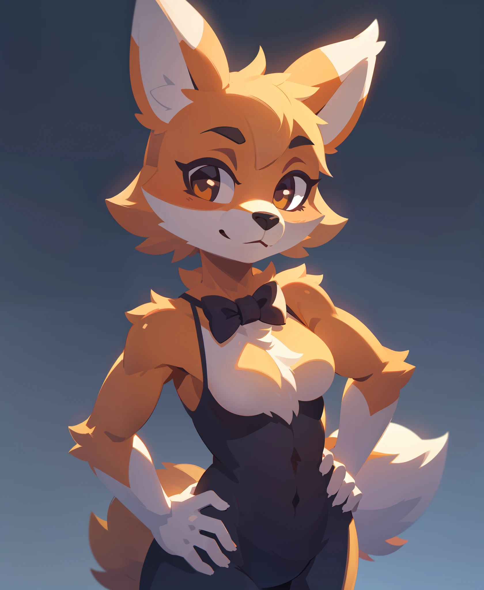 manglefnaf, furry female, anthro, fox girl, bowtie, standing, cute pose, hand on hip, portrait, tranquil, solo, (body fur:1.2), (best quality), (simple blurry background:1.2), dramatic lighting, (detailed fluffy fur:1.1), looking at viewer, tail, thumbs,