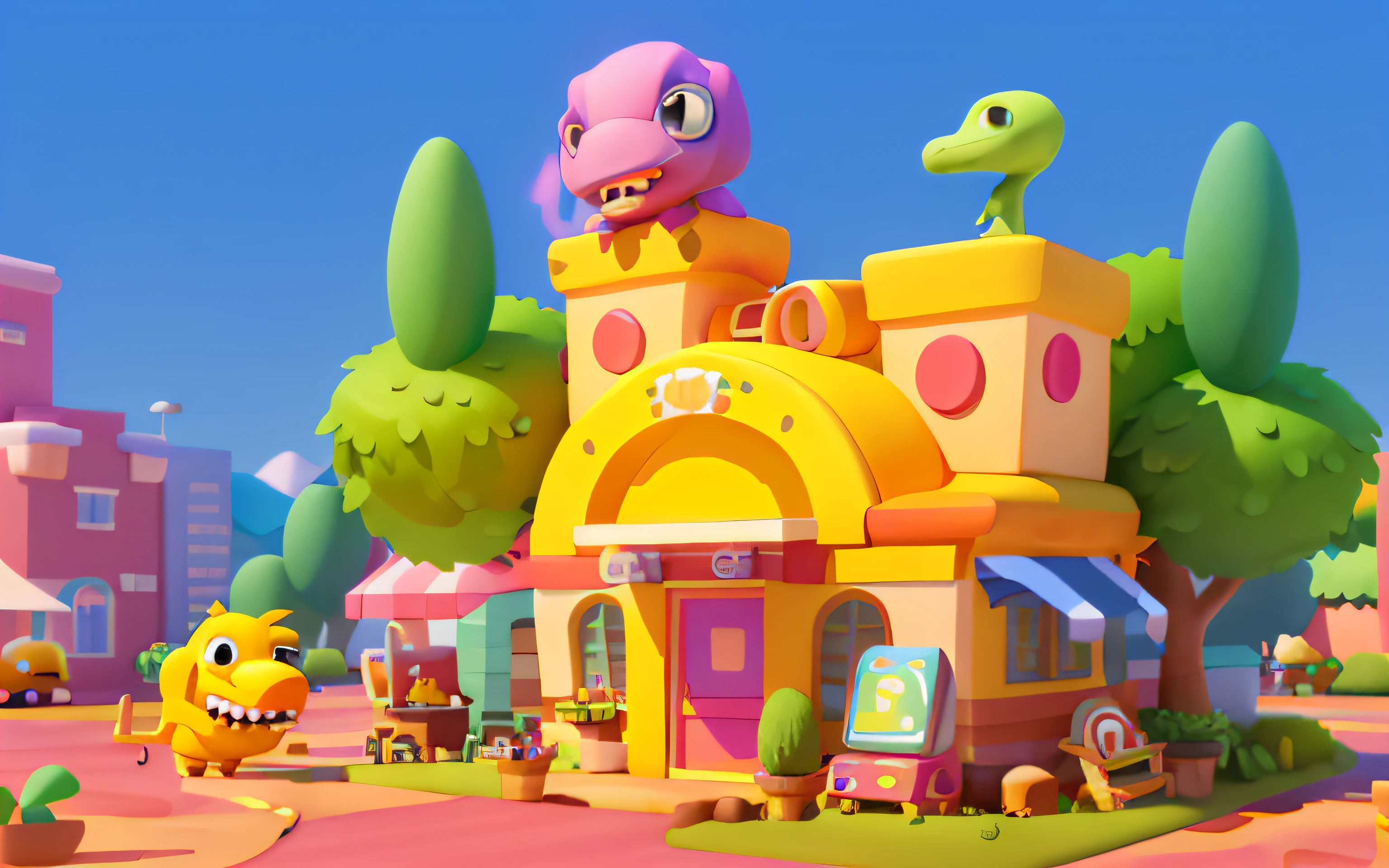 Cartoony,Lovely dessert building,There are cute dinosaurs next to it,Gromurosaurus,tyrannosarus rex,pixar-style,cartoonish style, polygon, Dinosaur building,,adolable, Game architectural design, fanciful, Charming concert hall, desks, music instrument, steins, Bricks, grassy, florals, the trees, casual game style, Originality, best detail, 。.。.3D, Blander, tmasterpiece, best qualtiy, toon rendering, 8K