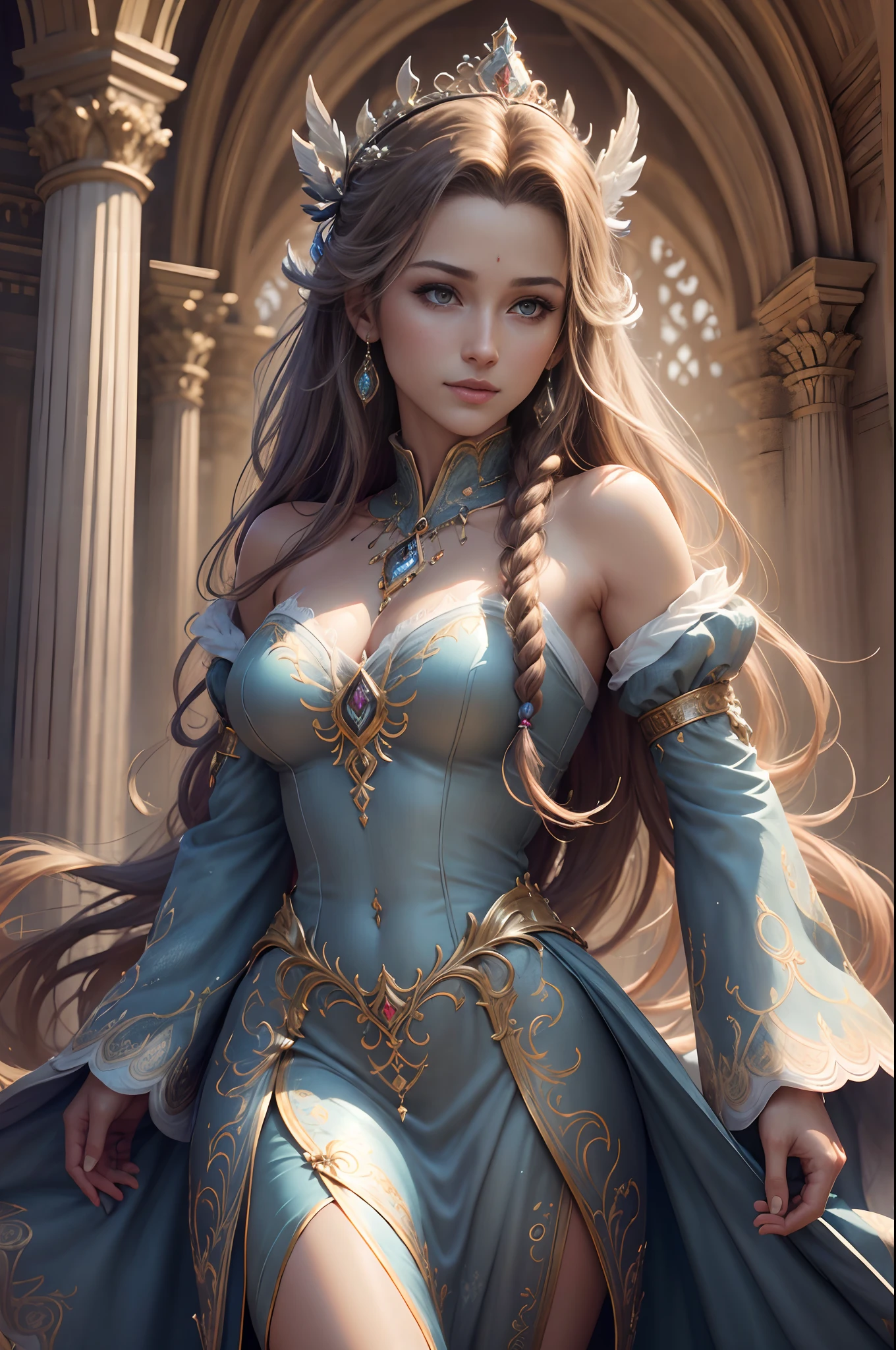 (highres, ultra-detailed, realistic:1.37), aerith, final fantasy, beautiful body, beautiful detailed eyes, detail-oriented nose, luscious lips, long flowing hair, radiant smile, elegant crown, royal attire, intricate jewelry, graceful pose, enchanting expression, majestic church in the background, vibrant colors, soft lighting, regal atmosphere, atmospheric perspective, stunning landscape, floating clouds, magical aura, timeless beauty, intricate patterns, ethereal ambiance, striking contrast, dreamlike quality, cinematic composition, blue dress, birds