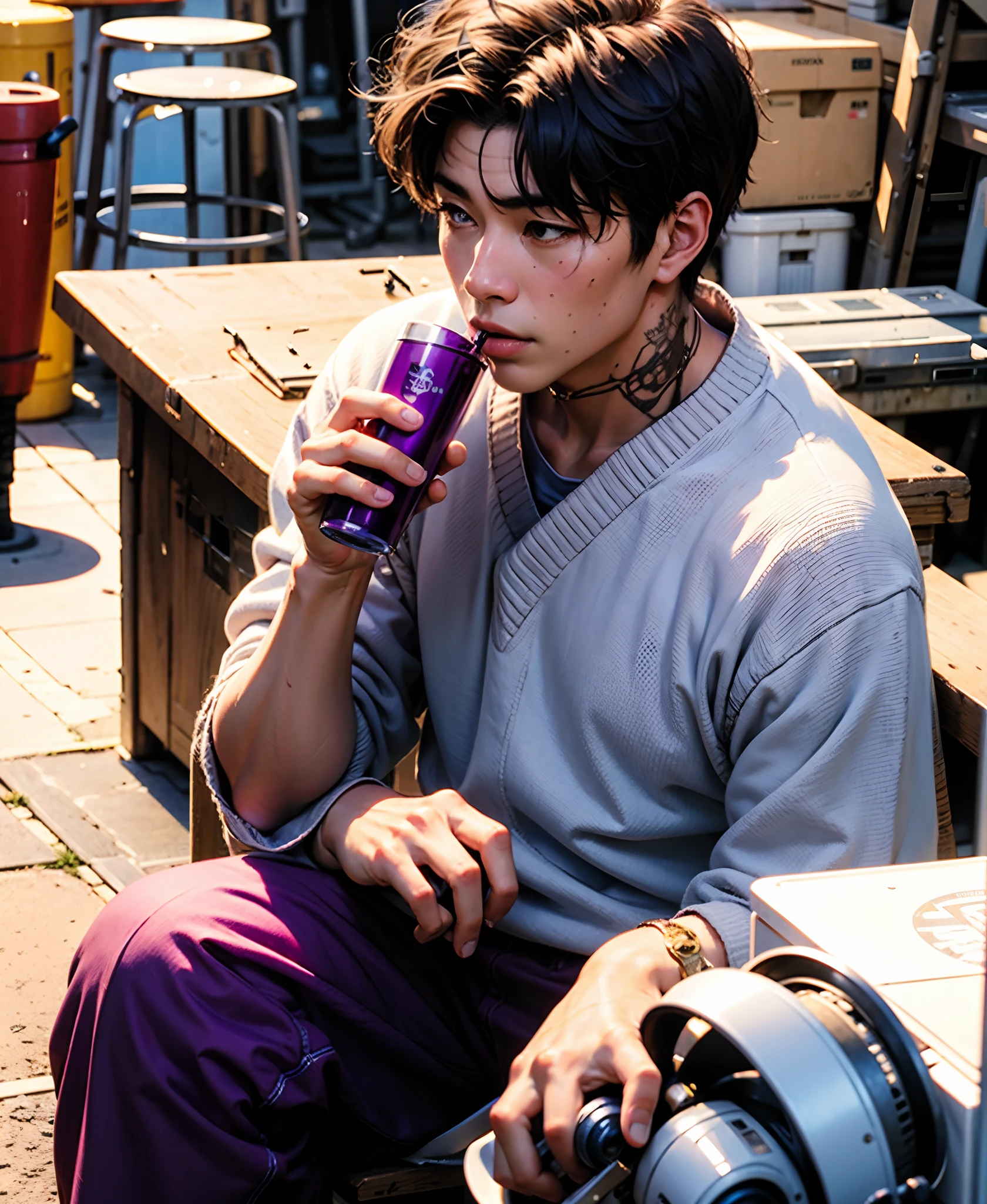 Ryu drinking purple juice in a styrofoam cup
