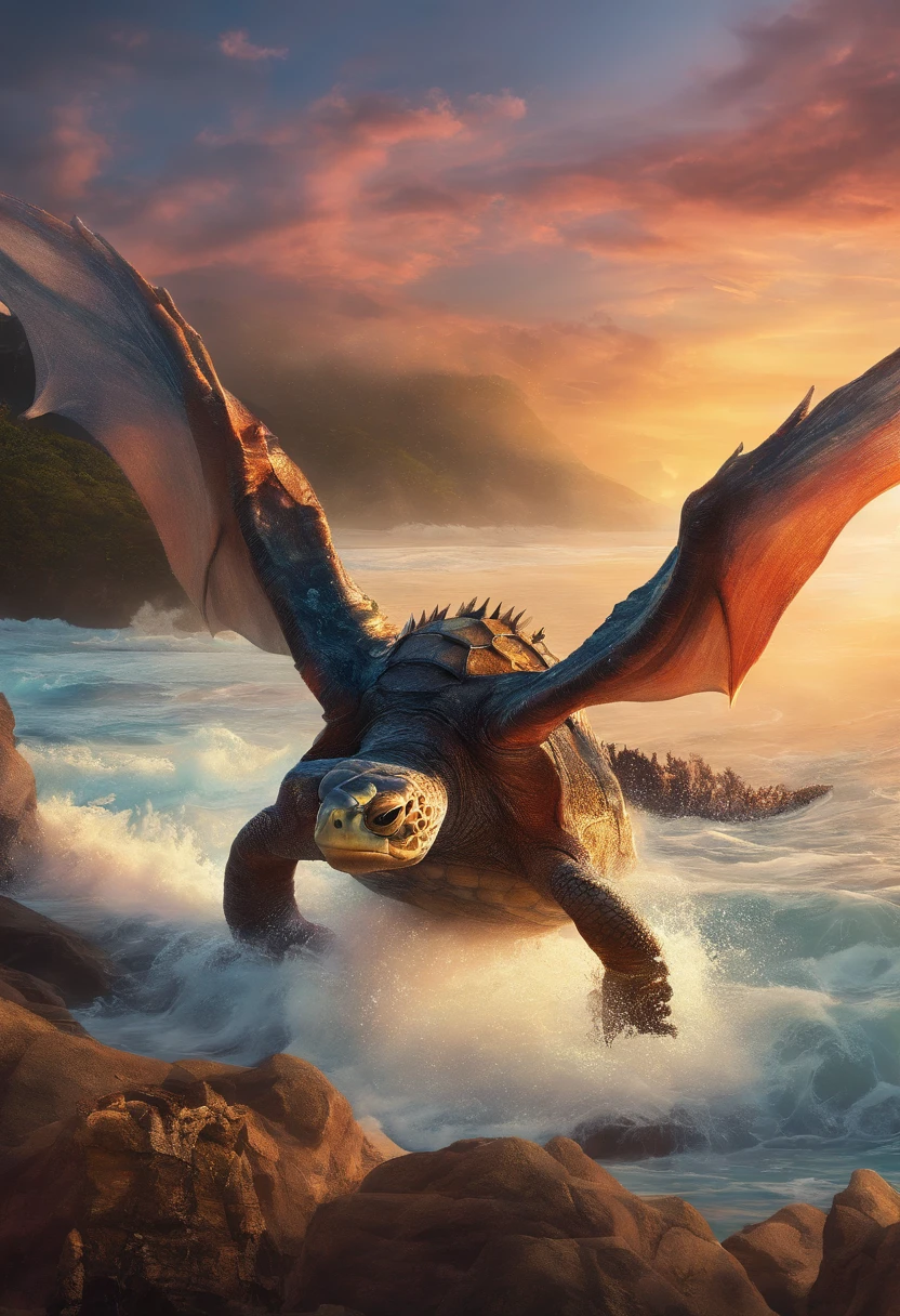 Dragon turtle，Dragon head snake tail turtle body，Heavy tortoiseshell shell，Huge waves，the detail，super-fine，Ultra photo realsisim，Hyper-realistic，Works of masters，8K wind resolution，OC renderer，