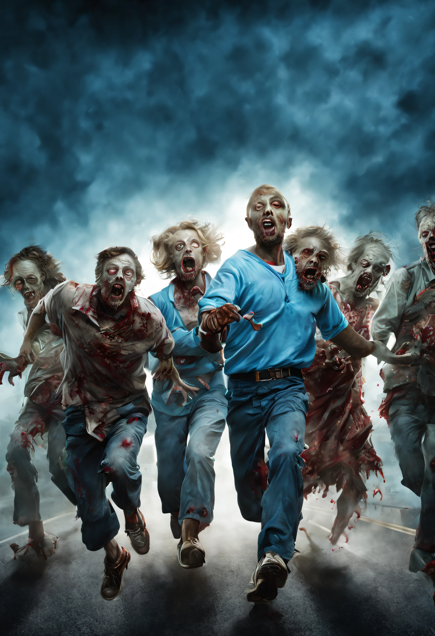 (masterpiece a (((ten zombies aliens blues, men, children, women, young and old, running: 1.9)), zombie outfit: 1.2), (Highway atmosphere: 1.5)), (best quality, ultra detailed, photorealistic: 1.37), [[terrifying look: 1.9)), (straight legs:1.5)]] masterpiece, high quality, high definition, super detailed, (Natural Light, Hyperrealist Photography, High contrast, defined blacks, silk, HDR.