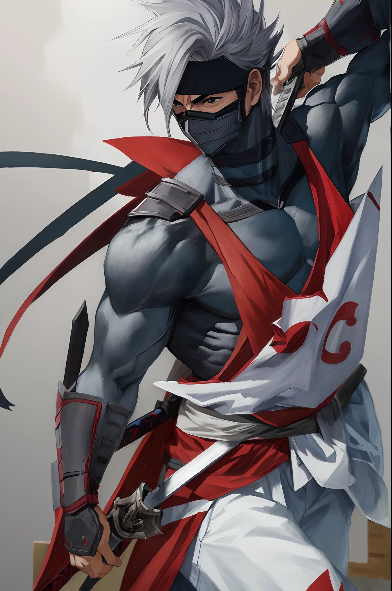 (masterpiece), (best quality), ninja man, with design mask, sword in his hand, japanese room, handsome, grey hair, anime style