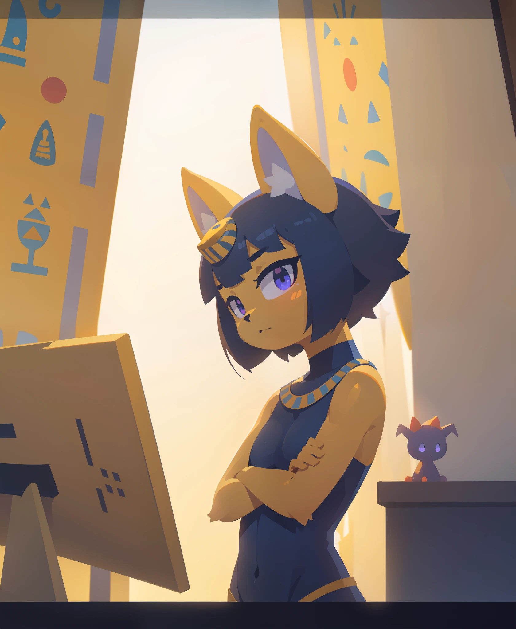 uploaded on e621, ((by Hyilpi, by Supplesee, by Dagasi, Animal Crossing)), solo ((chibi ankha \(animal crossing\))) with ((yellow body)) and (navy blue short hair) and (purple hypnotic eyes), (wear egyptian white dress, egyptian mythology, flat chested,:<, crossed arms:1.2), ((detailed fluffy fur)), (three-quarter portrait, looking at viewer, three-quarter view:1.35), BREAK (egyptian room, yellow wall, egyptian symbol:1.25), (starry, fog, mist) (detailed background, depth of field, half body shadow, sunlight, ambient light on the body), (digital painting \(artwork\), photoshop \(medium\), painttool sai \(medium\):1.3) (masterpiece, best quality, ultra realistic, 4k, 2k, (high detail:1.3), (3d \(artwork\):1.2), blender \(software\), (soft focus:1.1), ray tracing, (unreal engine:1.3), absurd res)