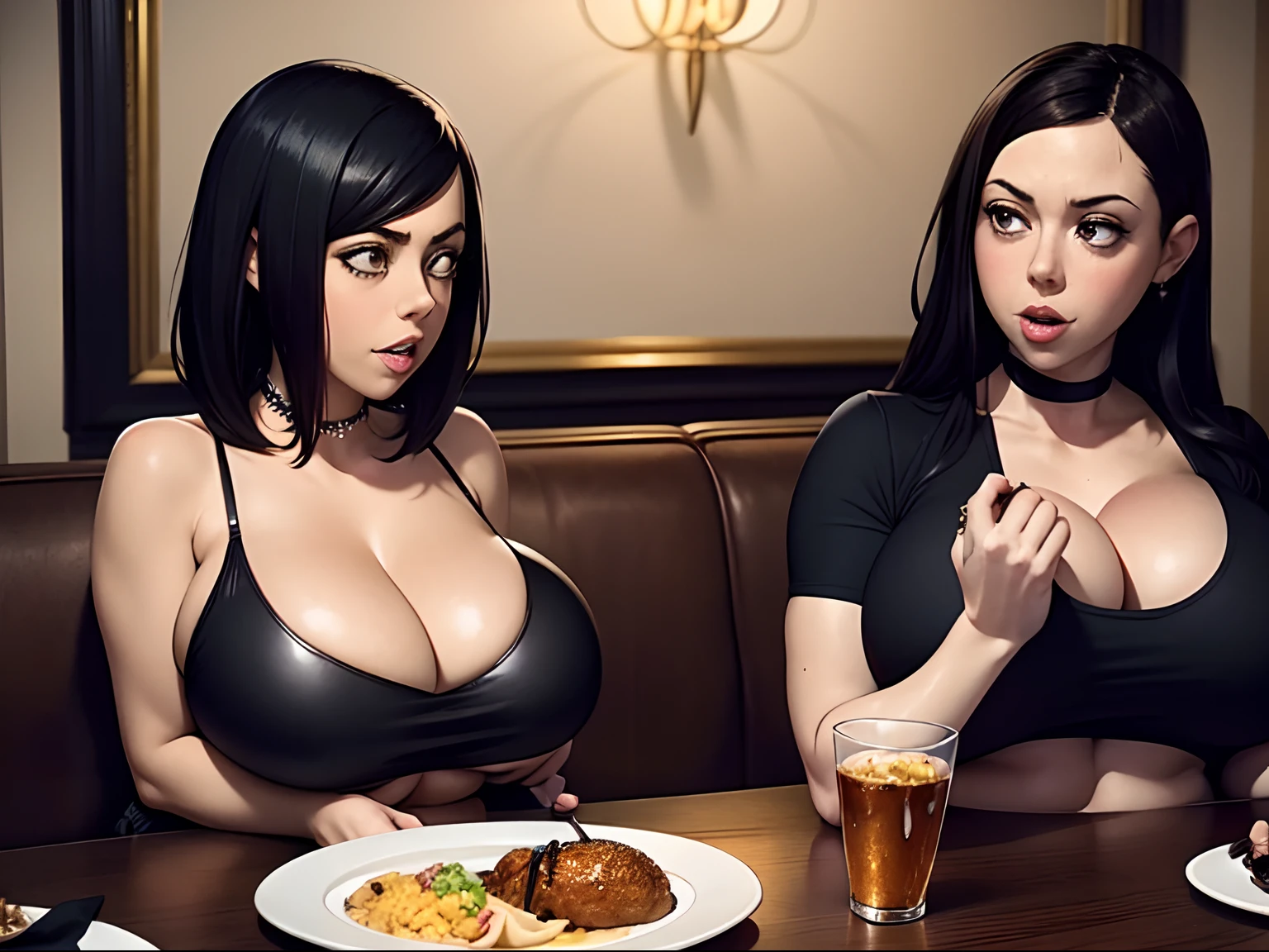 Aubrey Plaza, choker necklace, goth girlfriend, goth style, two girls, two girls eating at a fancy restaurant, mother and daughter, eating dinner, lots of food on table, mini skirt, crop top, tight top, exposed tummy, looking aroused, big breasts, breast expansion, (huge breasts:1.5), lots of cleavage, chubby belly,