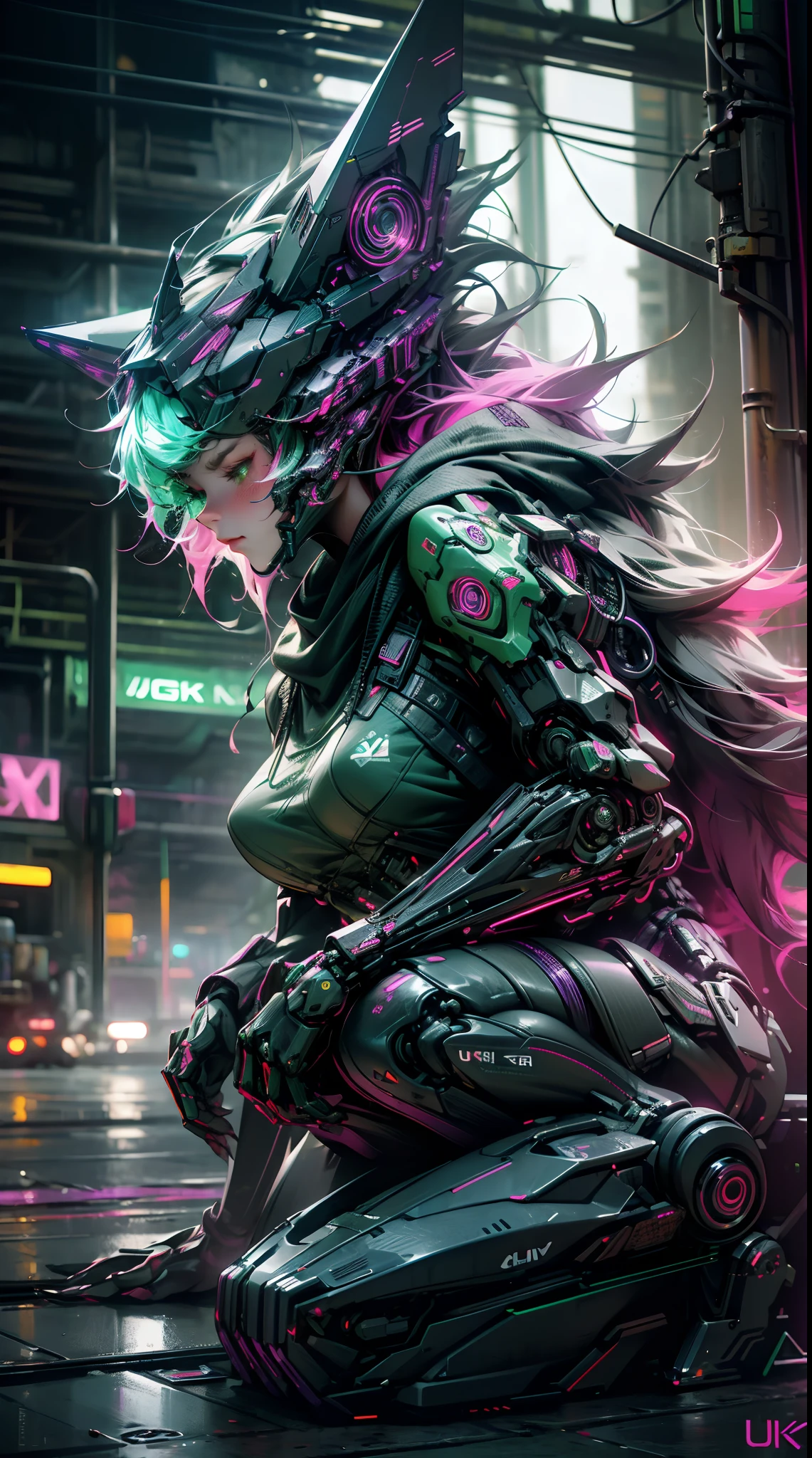 Robot wolf women, beautiful, green and purple color,liquid,night light ,neon light,(( cyberpunk )),((8k, UHD, ultra realistic))