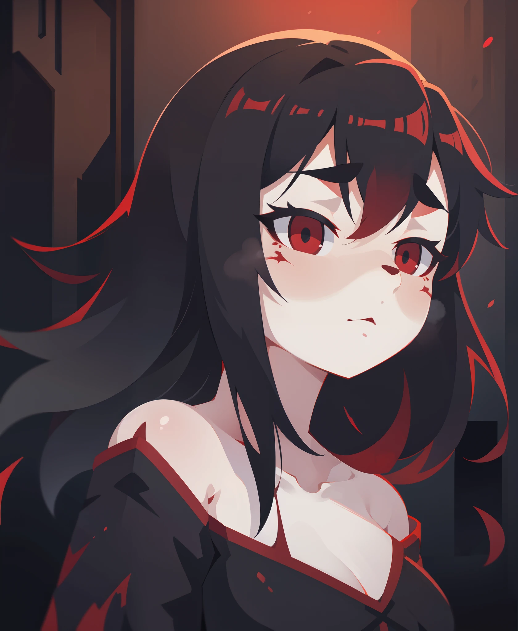 portrait of a beautiful anime girl wearing a gothic dress, in a dark and moody atmosphere filled with white mist, indoor dimlight, (black and red ink splash:1.2)