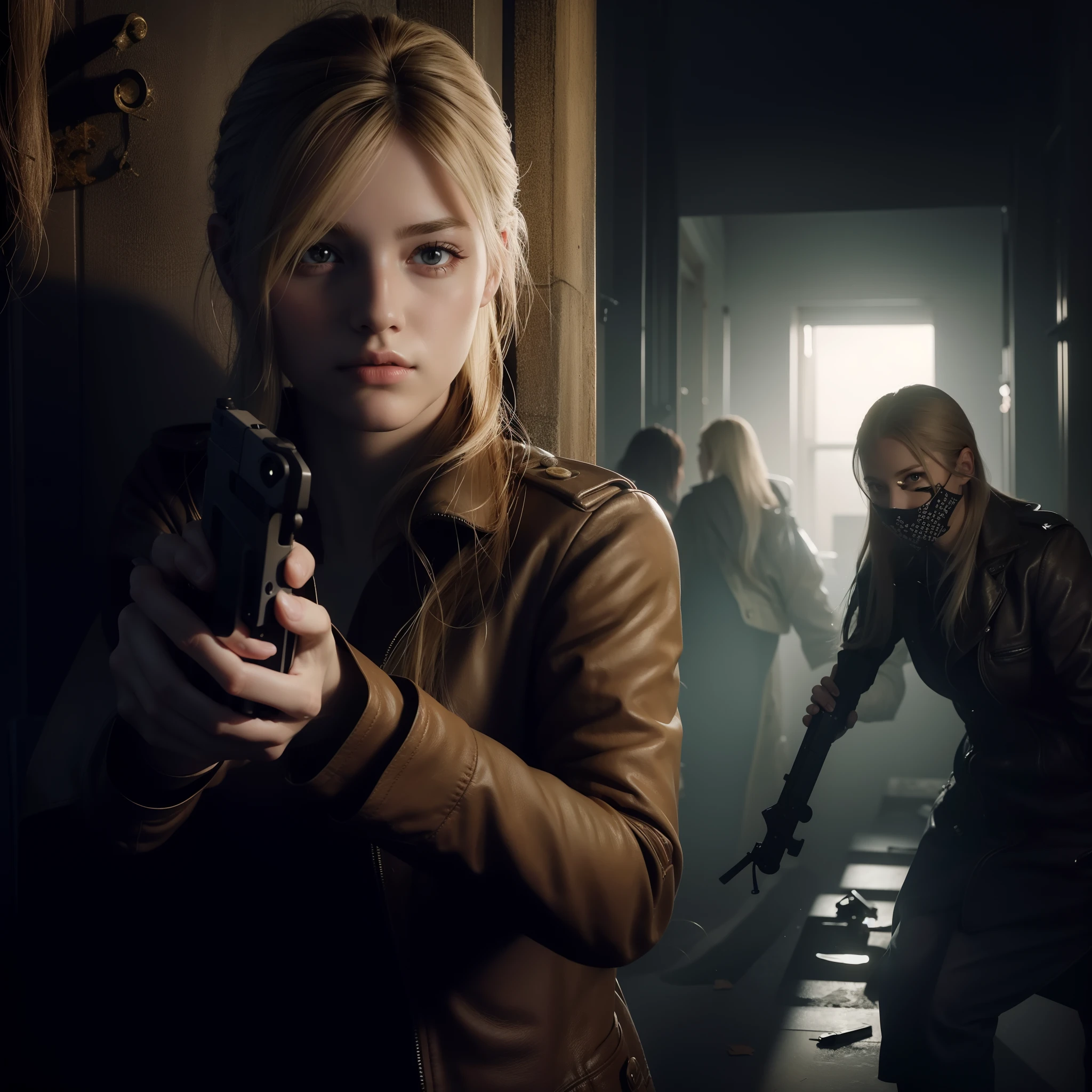 Perfect female, beautiful face, ages 25, long blonde hair, holding a gun