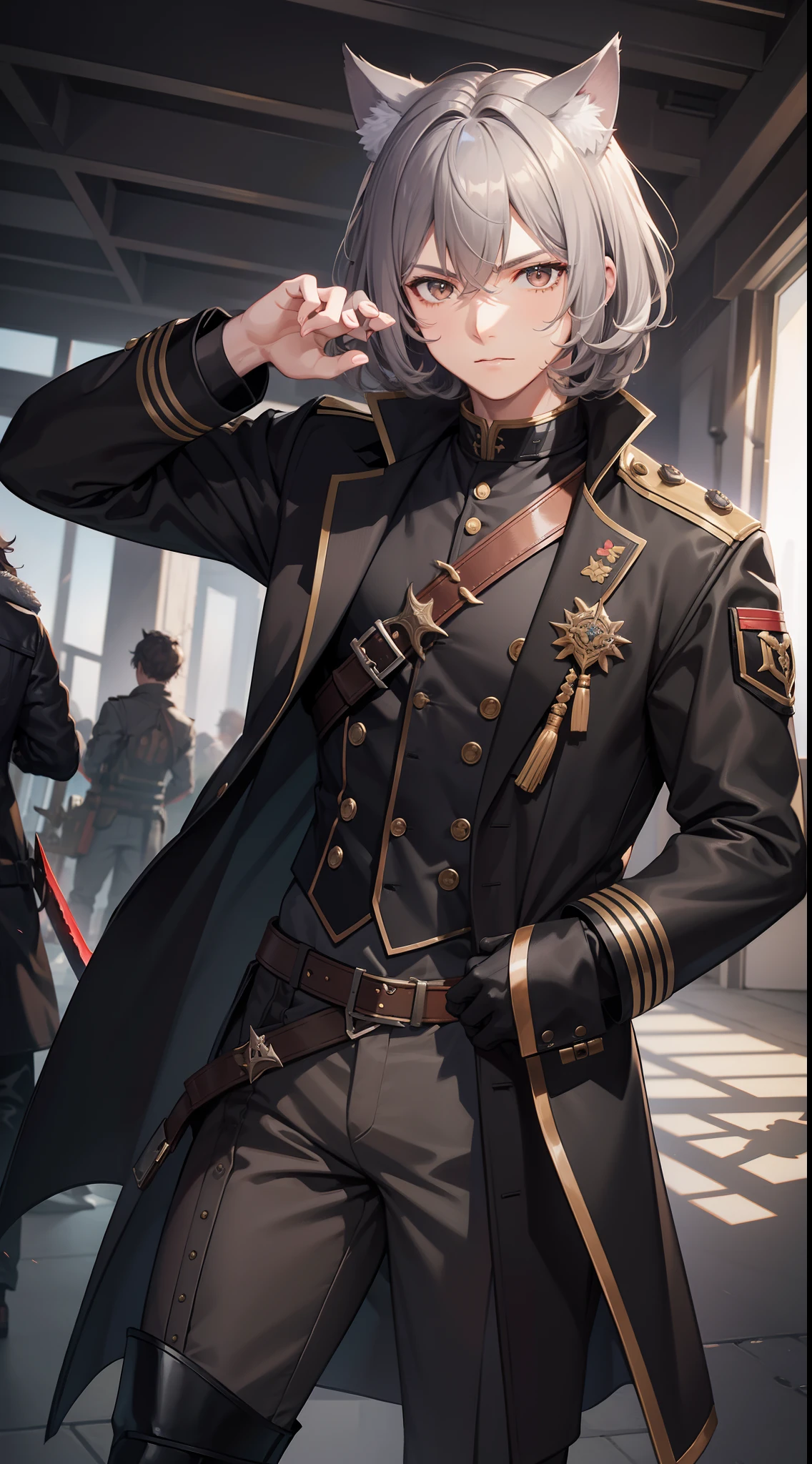 Young guy, gray curly hair, Bob hairstyle, brown eye, cat ears, Grey Combat Jacket, breeches, claws, fiery sword, Masterpiece, hiquality, 4k, HD, Good detail