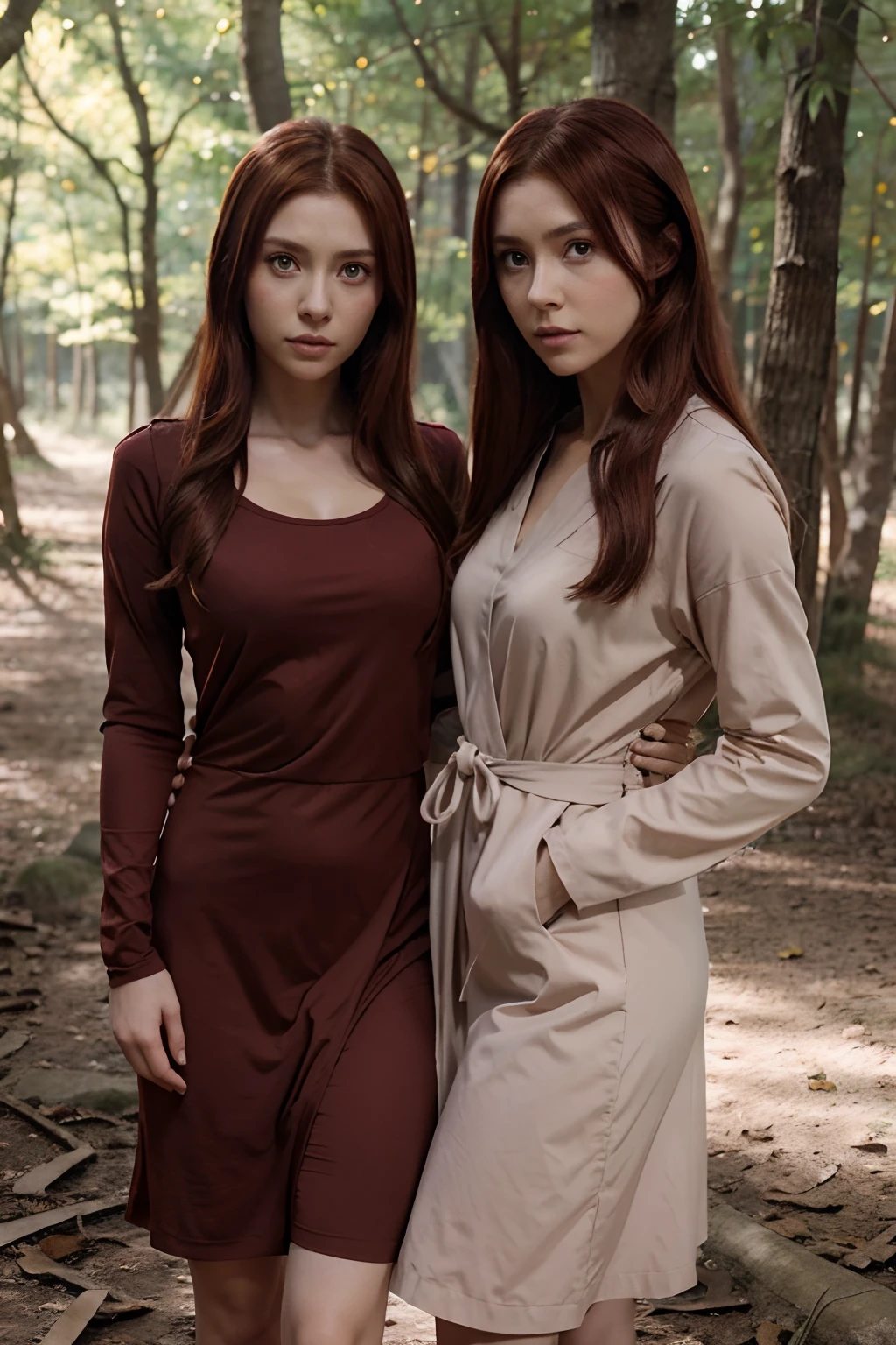 Naruto anime, ojos oscuros con lentes redondos, Long dark reddish-brown hair, piel clara, con vestido lila junto con Kakashi, Naruto, Sasuke y Sakura en el bosque