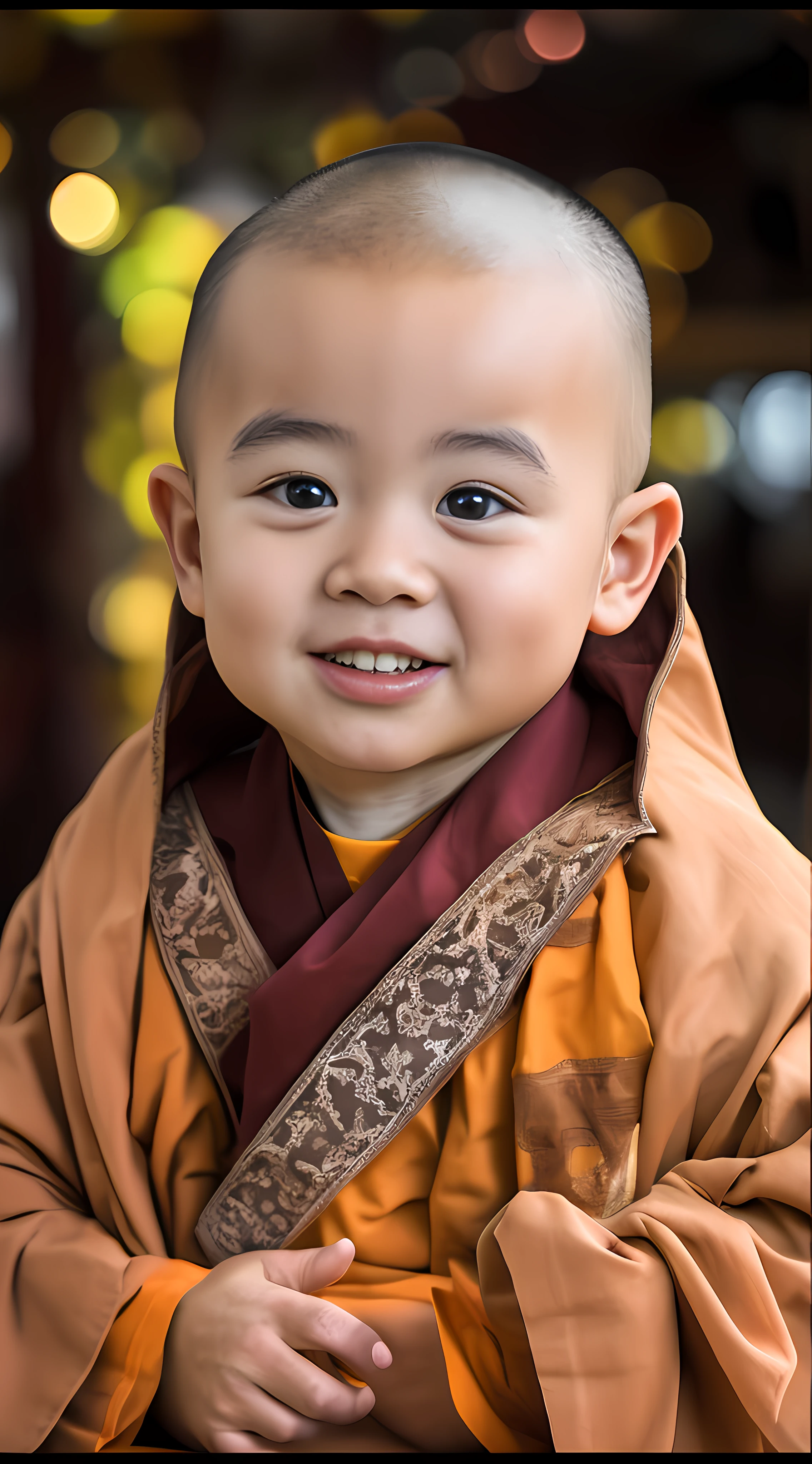 A young monk dressed in a monk's robe,had his hands folded,sit with legs crossed,Smile at the camera。