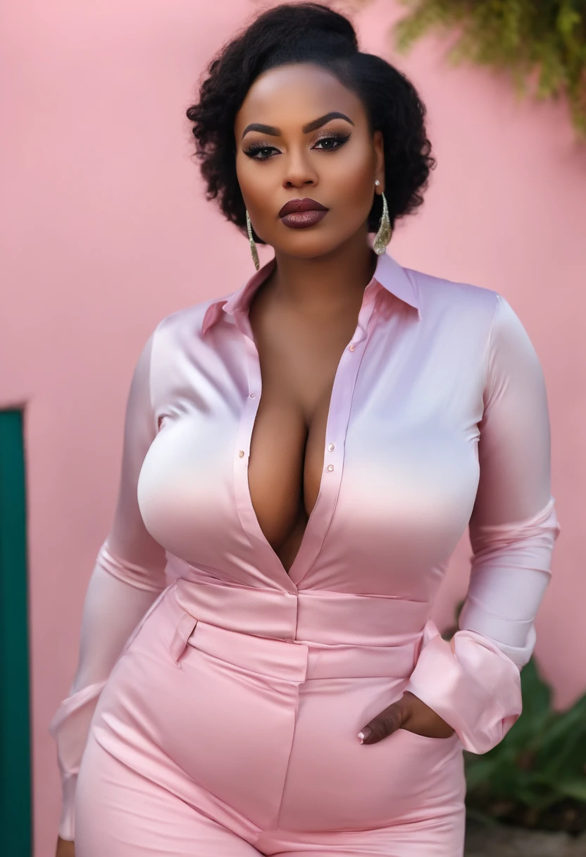 Portrait of a curvy black woman with big breasts and tight skin, short hair, Corpo inteiro, Saia branca justa,  camisa rosa, alta resolução,