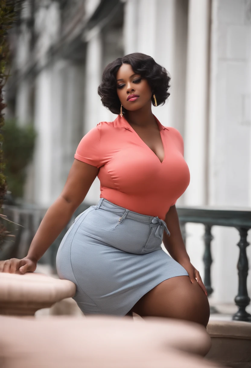 Portrait of a curvy black woman with big breasts and tight skin, short hair, Corpo inteiro, Saia branca justa, camisa rosa, alta resolução,
