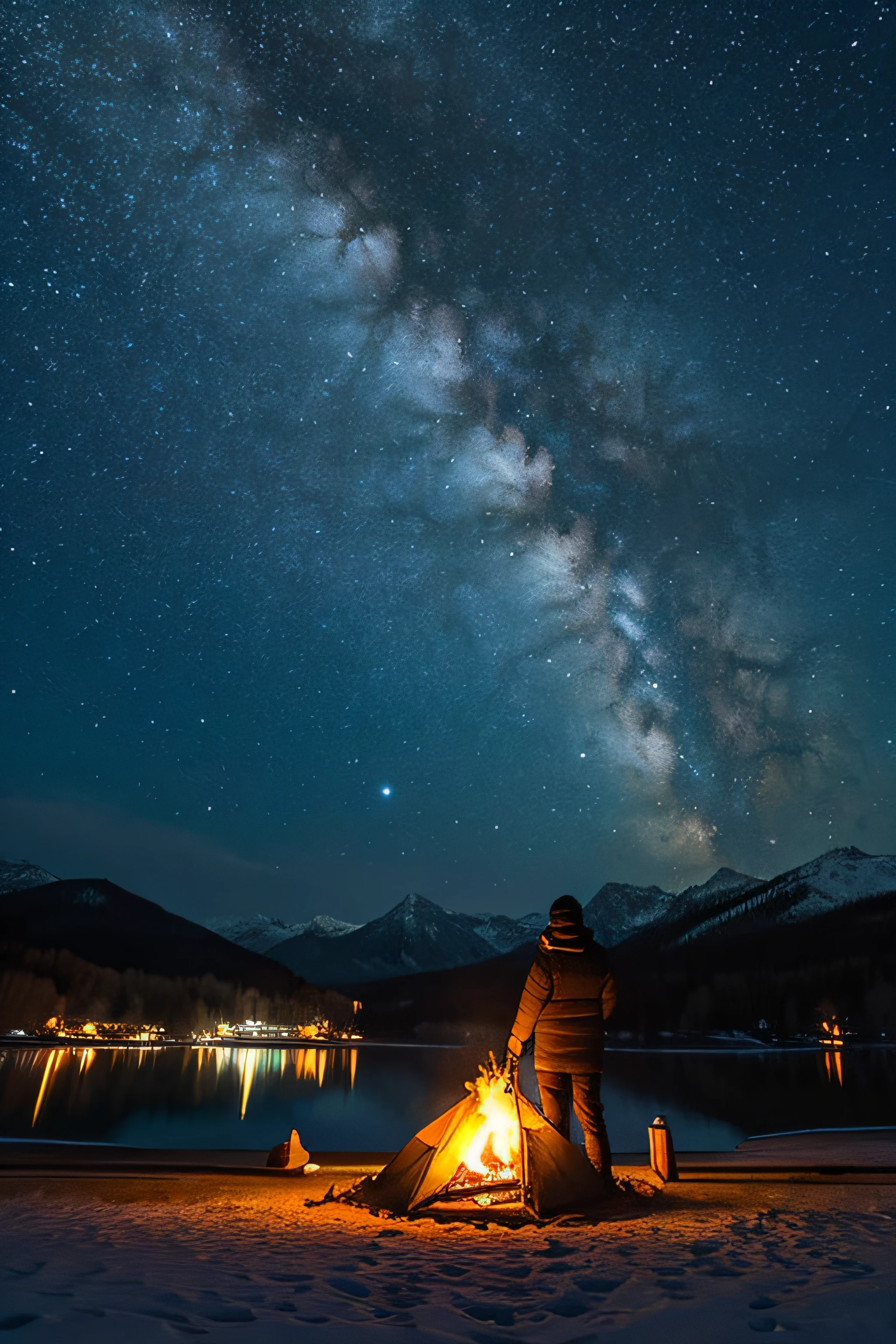 lake,Winter night sky、Burning Fire,Winters,campsite,landscapes、snow mountains、starrysky、hight resolution, Best Quality, High quality lakes,Winter night sky、Burning Fire,Winters,campsite,landscapes、Man at the Bonfire,Rear view,starrysky、hight resolution, Best Quality, High quality