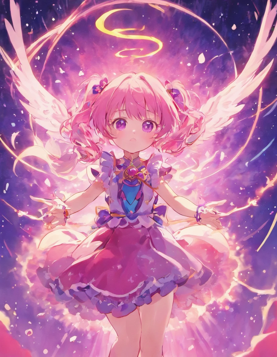 a magical girl, mahou shojou, puffy dress, magical staff, floating in the sky