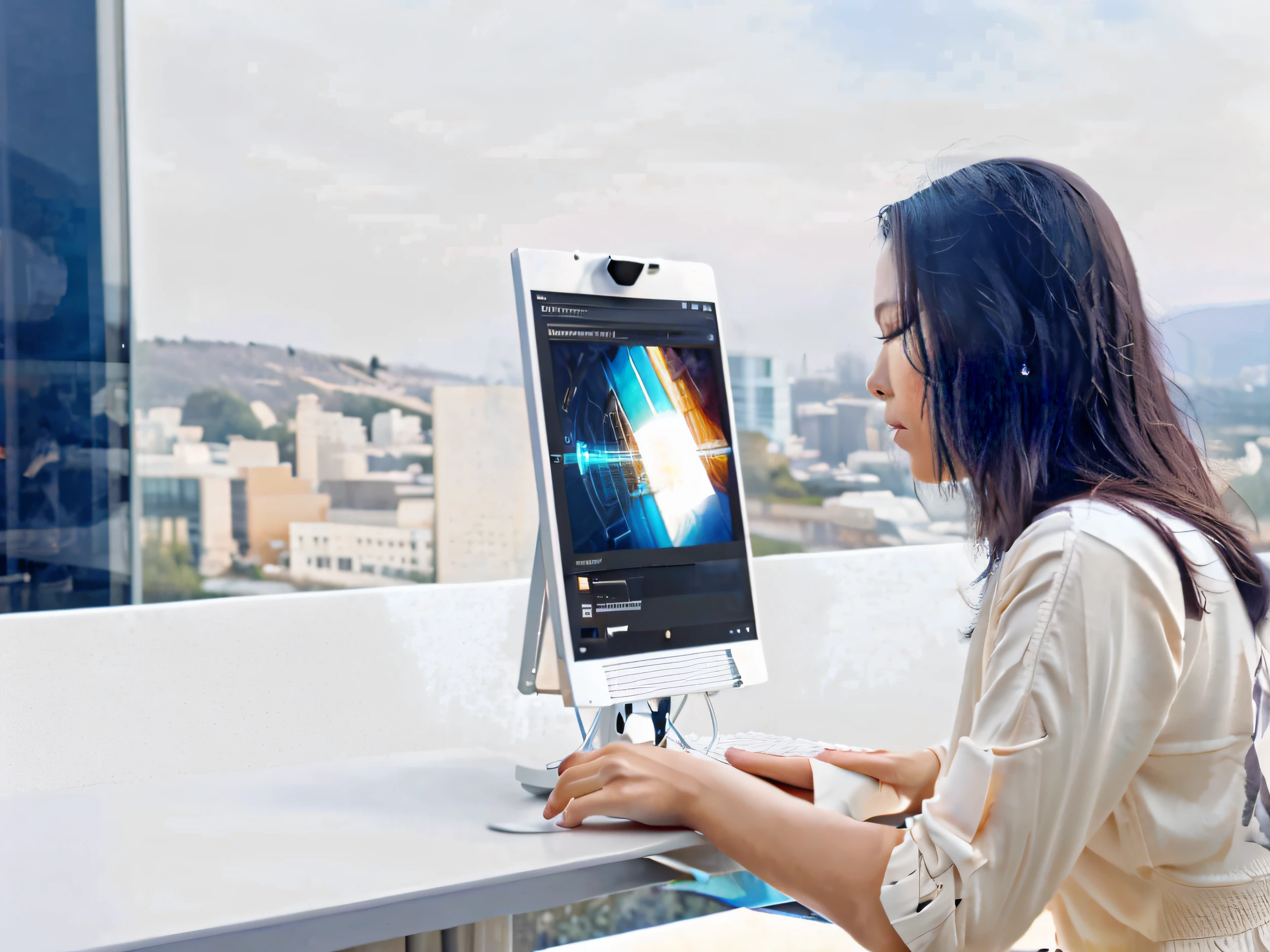 The beautiful woman is sitting on her side and is broadcasting live，There is a computer on it，River view outside the window，future-tech,  human machine interface, using a magical tablet, Vibrant and dynamic, Technology meets fantasy, tech demo, Demo scenario, Modern technology,