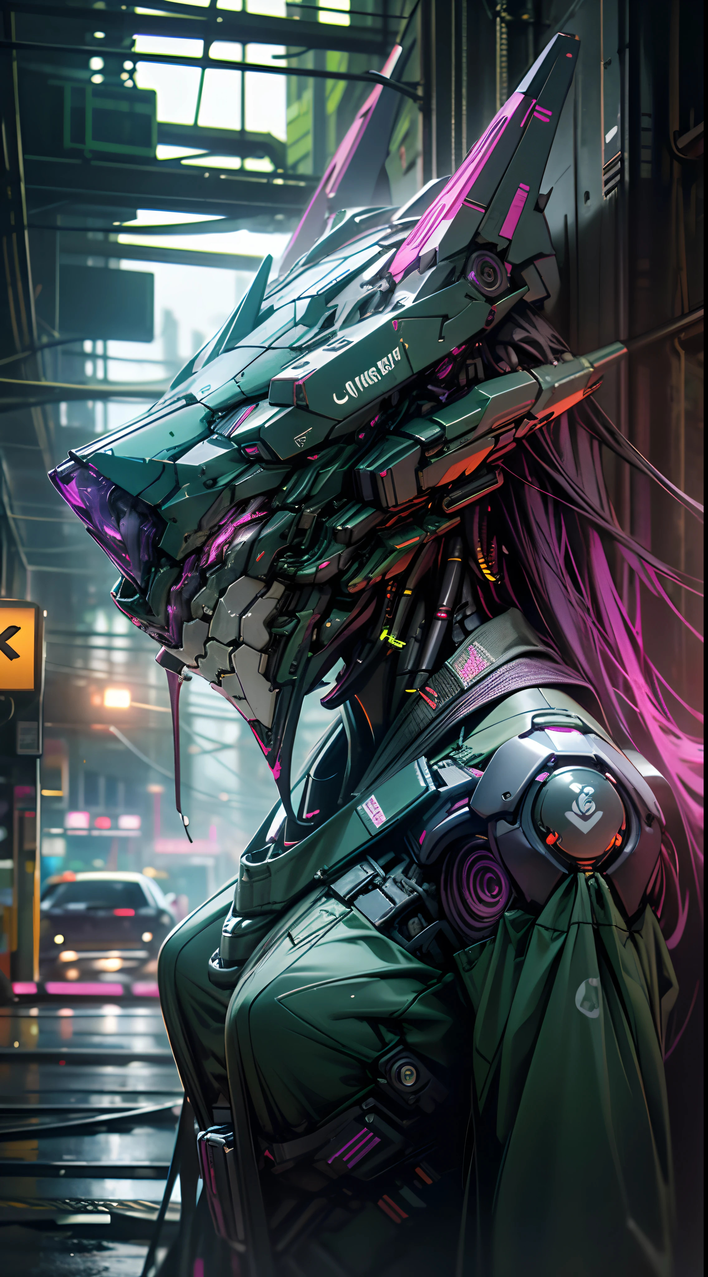 Robot wolf women, beautiful, green and purple color,liquid,night light ,neon light,(( cyberpunk )),((8k, UHD, ultra realistic))