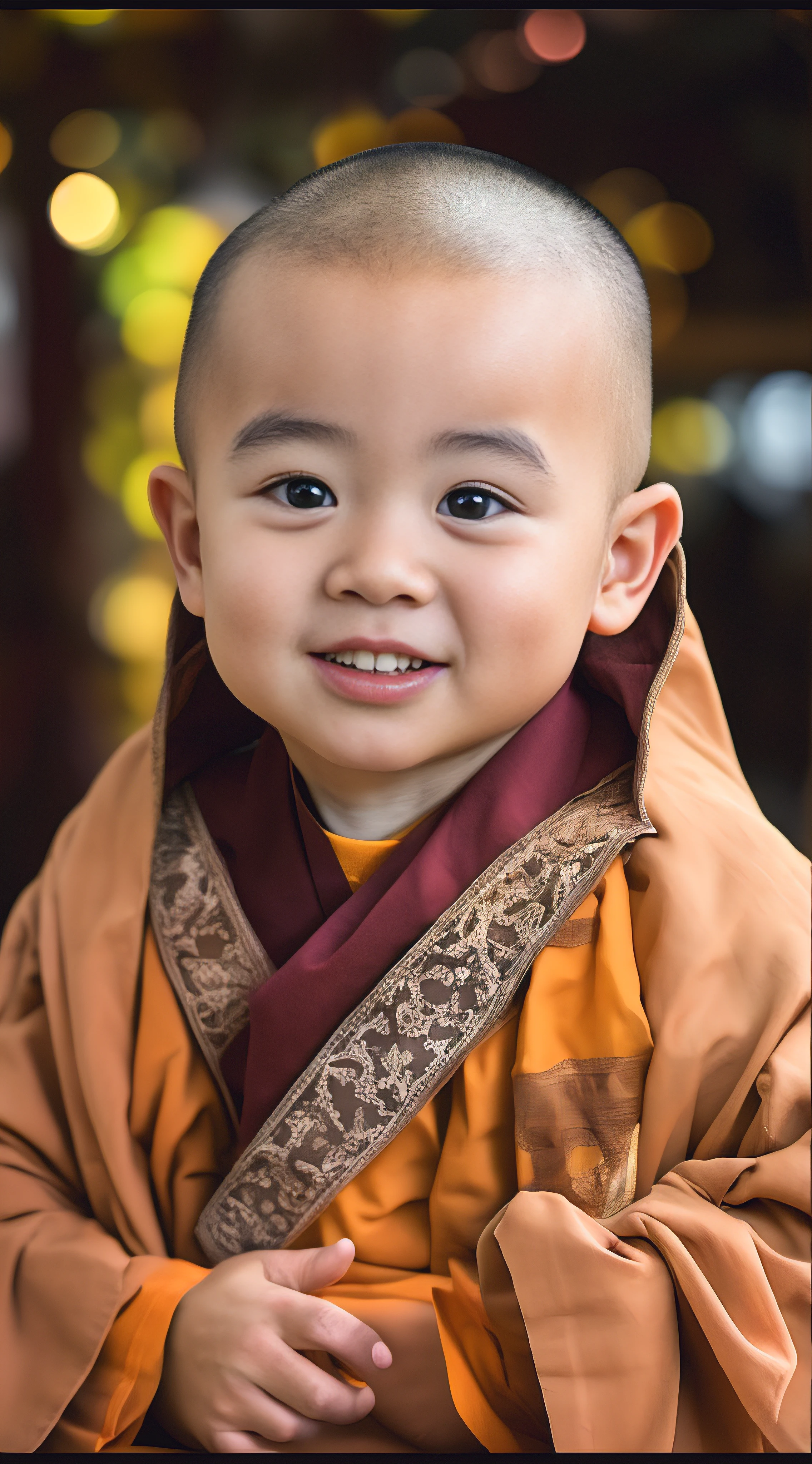 A young monk dressed in a monk's robe，had his hands folded，sit with legs crossed，Smile at the camera。