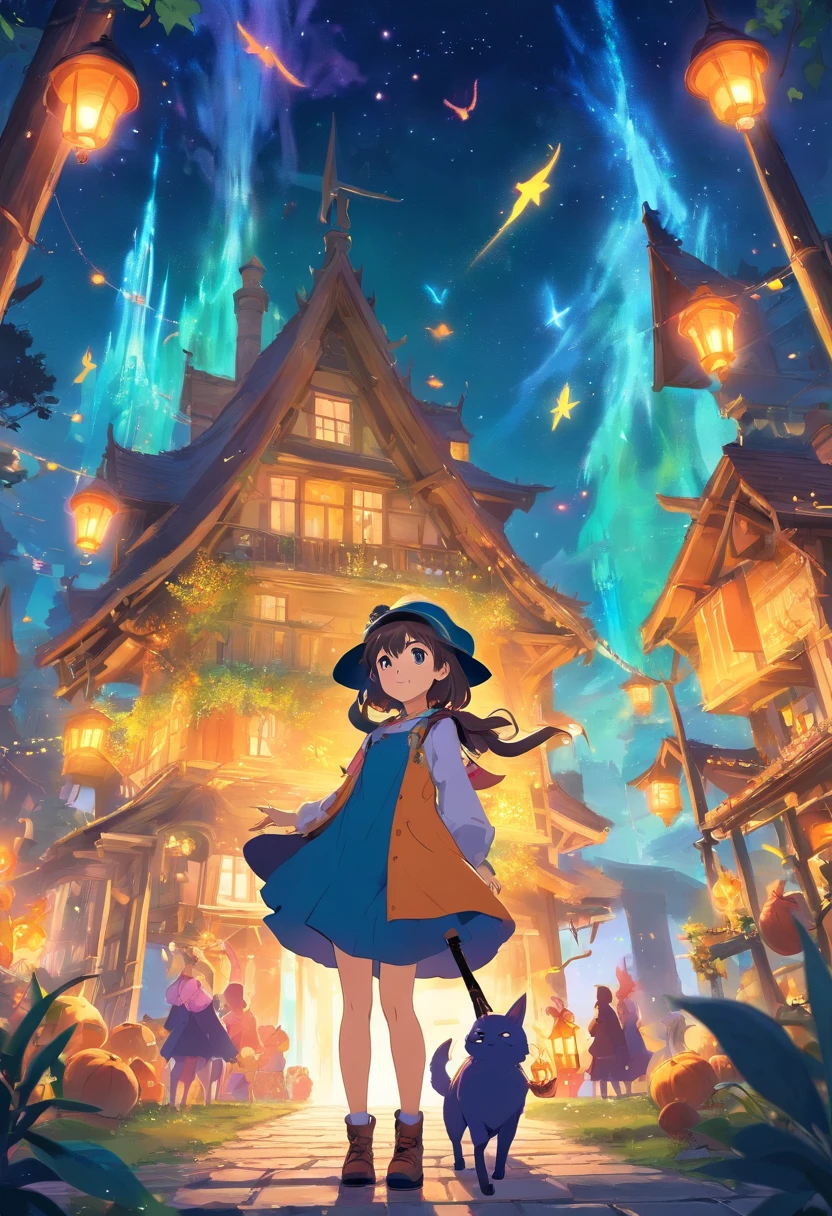 Create an anime-style image of witches in a magical and colorful environment. As bruxinhas devem ser jovens, with clothes and accessories characteristic of witches, Like pointy hats, Magic wands and brooms. Make sure each little witch has a unique and expressive facial expression that conveys their personality. The setting should include magical elements, como estrelas, luas, Bubbling cauldrons and enchanted forests. Use a vibrant and cheerful color palette to create a magical and captivating atmosphere. Let your creativity flow and make the little witches seem friendly and full of magic. Remember to add amazing details to the clothes, aos cabelos e aos olhos das personagens para dar vida a essa cena encantadora.