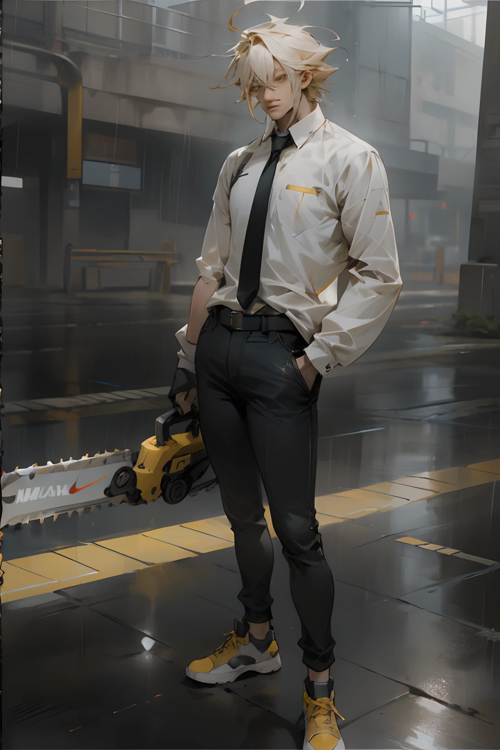 1boy, standing,3/4 view,he is wearing a polo White shirt,long sleeve,yellow hair,denji from chainsaw man,has black jeans,black tie,yellow spike hair,messy hair,Nike white shoes,brown belt around his waist he is holding a chainsaw with both hands,brown eye color ,he is looking at his legs, masterpiece,8k resolution,soft lightning,he is standing on a wet concrete floor,it's raining,water reflect light, building on background,none hand on pocket