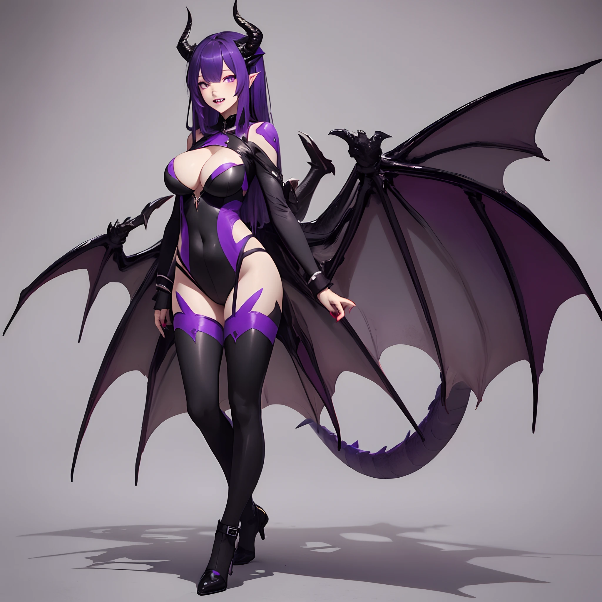 Dragon girl, black and white, black and purple hair, purple eyes, dual set of horns, busty, dragon wings, dragon tail, body suit, stockings, sharp nails, sharp teeth, standing, full body shot