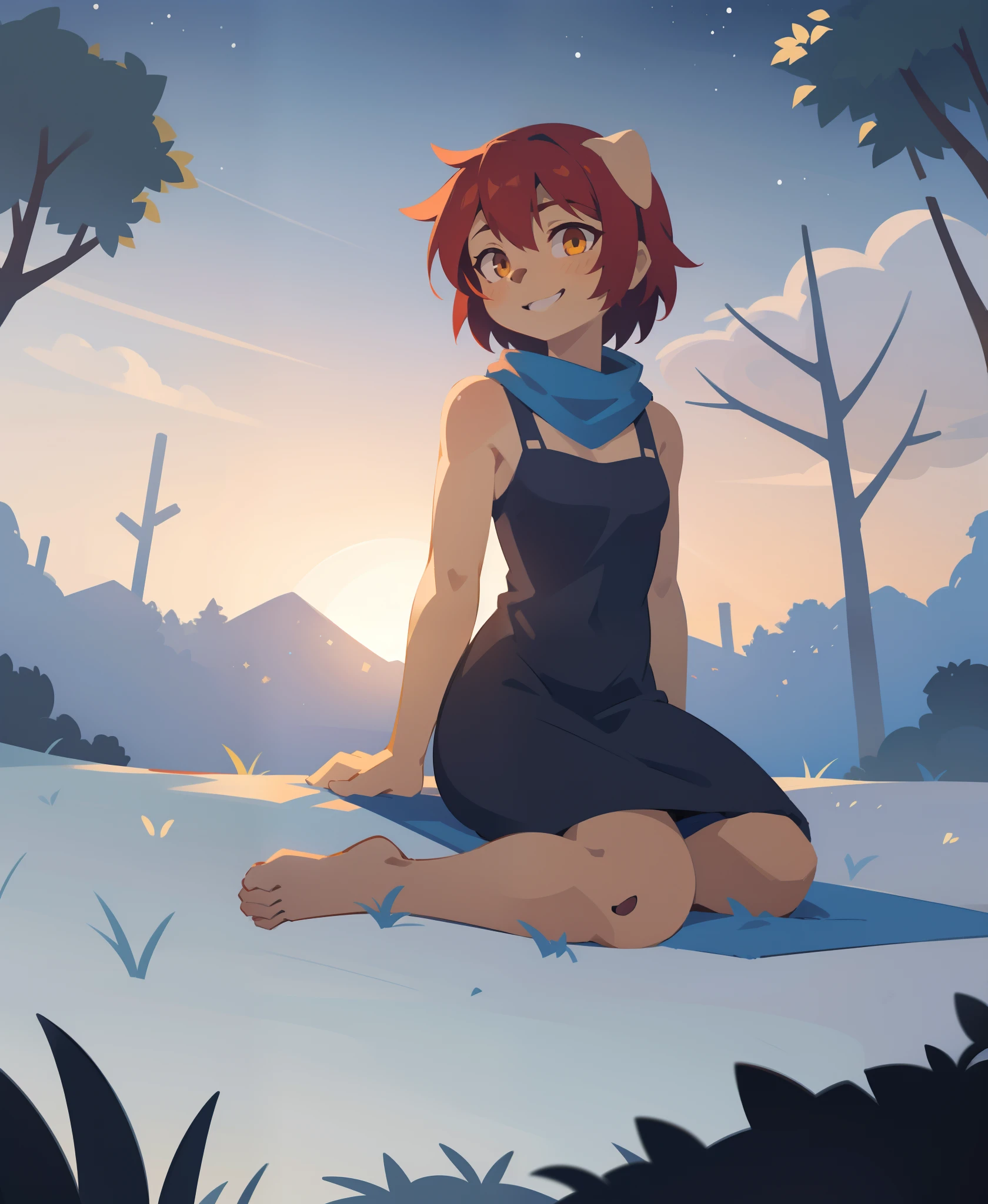 looking at viewer, smile, closed mouth, collarbone, sitting like a dog, monochrome, sketch, traditional media,, full body, black dress, blue scarf, looking at viewer, night, stars, grass, tree, clouds, masterpiece, high detail, 1girl, multicolored hair, golden eyes, red hair, (black hair:0.5), medium hair, chibi, cute, hard light, cartoon, bright, volumetric light uploaded on e621, by Castitas, by Makoto Shinkai