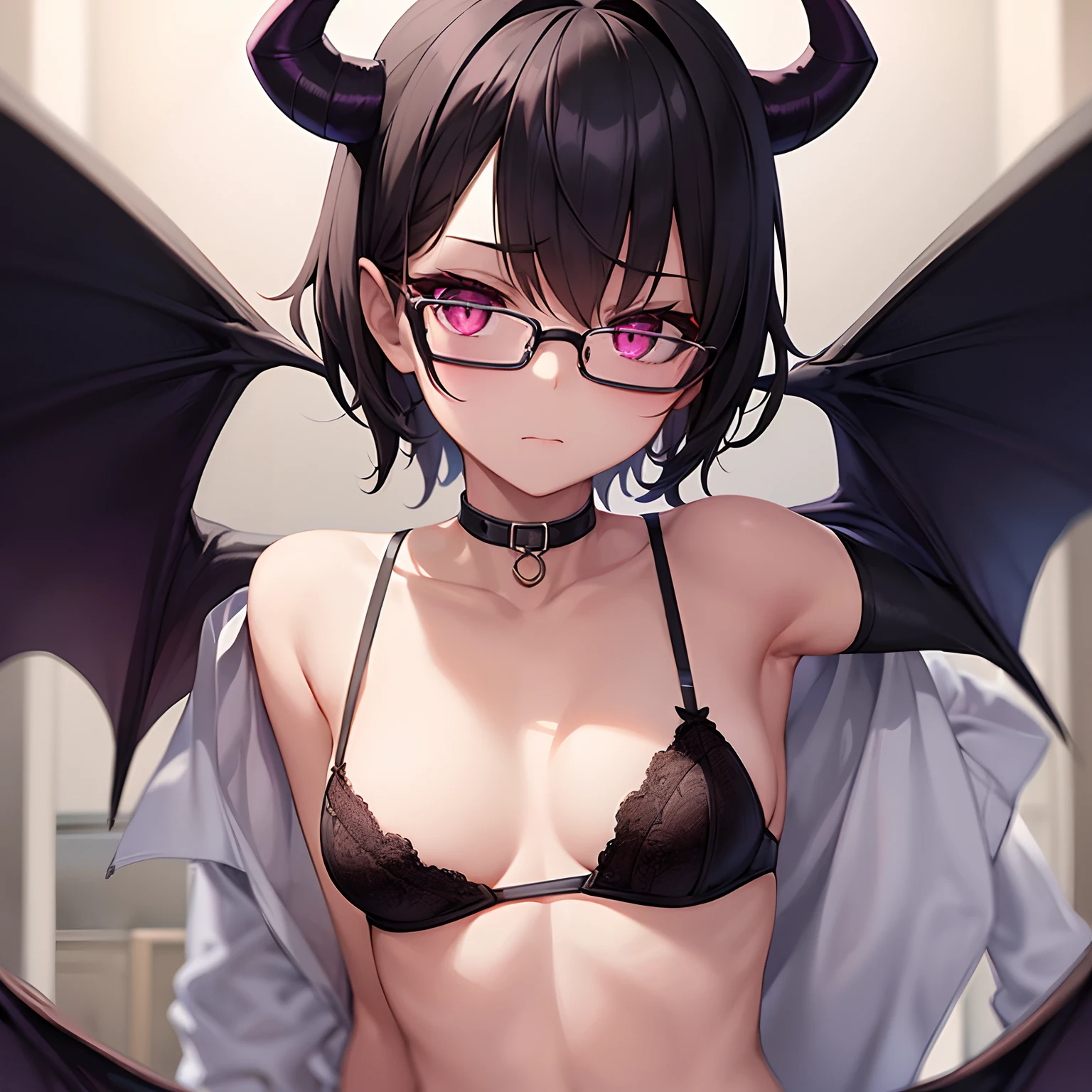 1 girl, small breasts, succubus, horns, black choker, black lingerie, short black hair, pixiecut, pink eyes, glasses, petite, skinny, dynamic, masterpiece, 4k