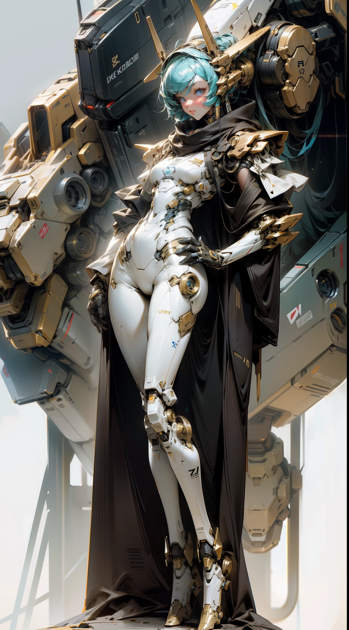 Elegant girl, A mech girl, Full body portrait, Humanoids are now mechs, Dark, and -fi, postapocalypse, Sky blue eyes, Nice style mech, extreme detailed details, Realistic, Black and gold, beautifullegs
