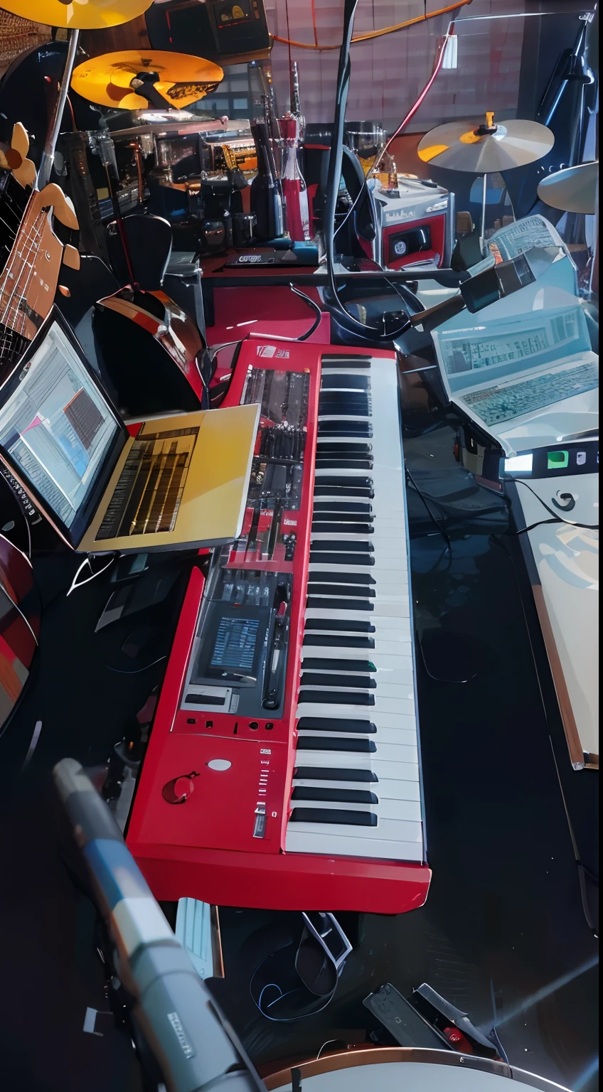 There's a red keyboard and a laptop on a desk, vibe Synth, Synth, redshift vibrations, synthesizer feel, Sintetizadores, tecladista, studio setup, Usando sintetizador, dispositivo completo, viver, badass composition, sintetizador, music being played, Tocando um sintetizador Korg MS-20, dispositivos e instrumentos, Very coherent composition, studio picture, studio recording