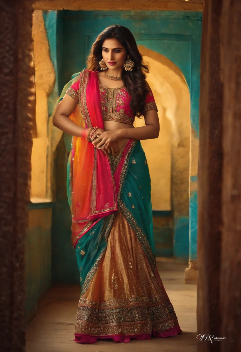 In traditional pakistani dresses, seductive pose, standing in street, wearing deep nexk blouse, hands on boobs, showing cleavage