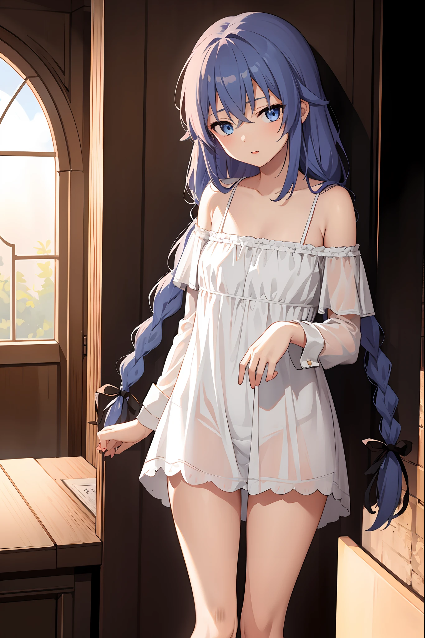 (​masterpiece), best quality, 1girl,blue hair,very long hair,twin braid,hair ribbon, looking at viewer, blue eyes,nightie, white nightie, short nightie