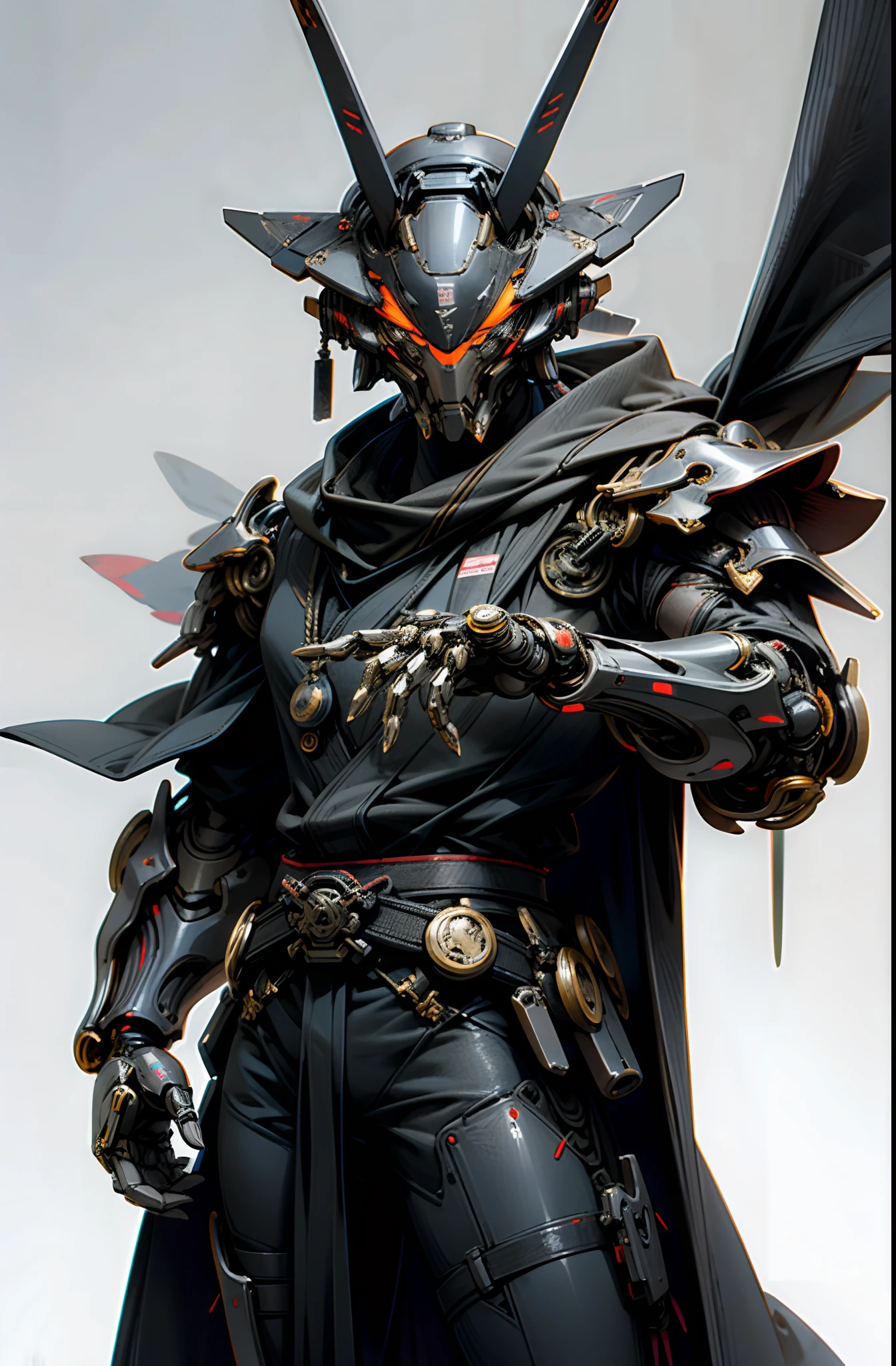 Dark_Fantasy,Cyberpunk,1manMechanical marvel,Robotic presence,Cybernetic guardian, samurai mechanical armour, katana on the waist, absolutely stunning art,wearing a black cloak, highest quality art, highest resolution, hyper detailed,black and red, futuristic, samurai robot, atmospheric,8k,64k, HD, unparalleled masterpiece, dynamic lighting, cinematic, epic