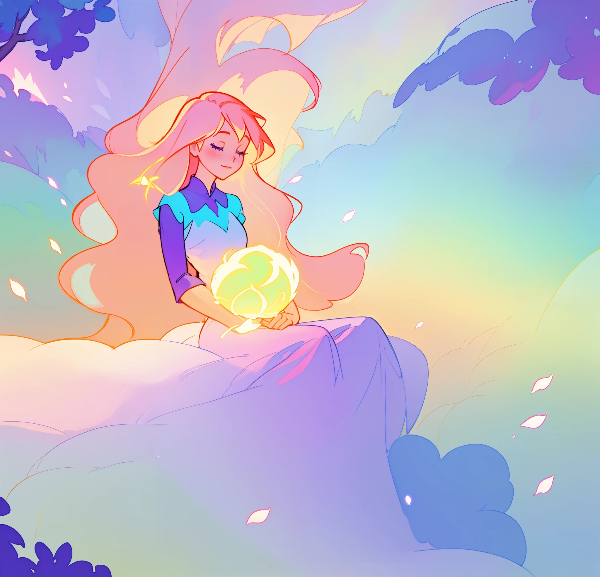 beautiful girl in flowing dress sitting in a forest, winter forest background, long golden pink hair, white blue and purple color background, watercolor illustration, inspired by Glen Keane, inspired by Lois van Baarle, disney art style, by Lois van Baarle, glowing aura around her, by Glen Keane, jen bartel, glowing lights! digital painting, flowing glowing hair, glowing flowing hair, beautiful digital illustration, fantasia otherworldly landscape plants flowers, beautiful, masterpiece, best quality, anime disney style