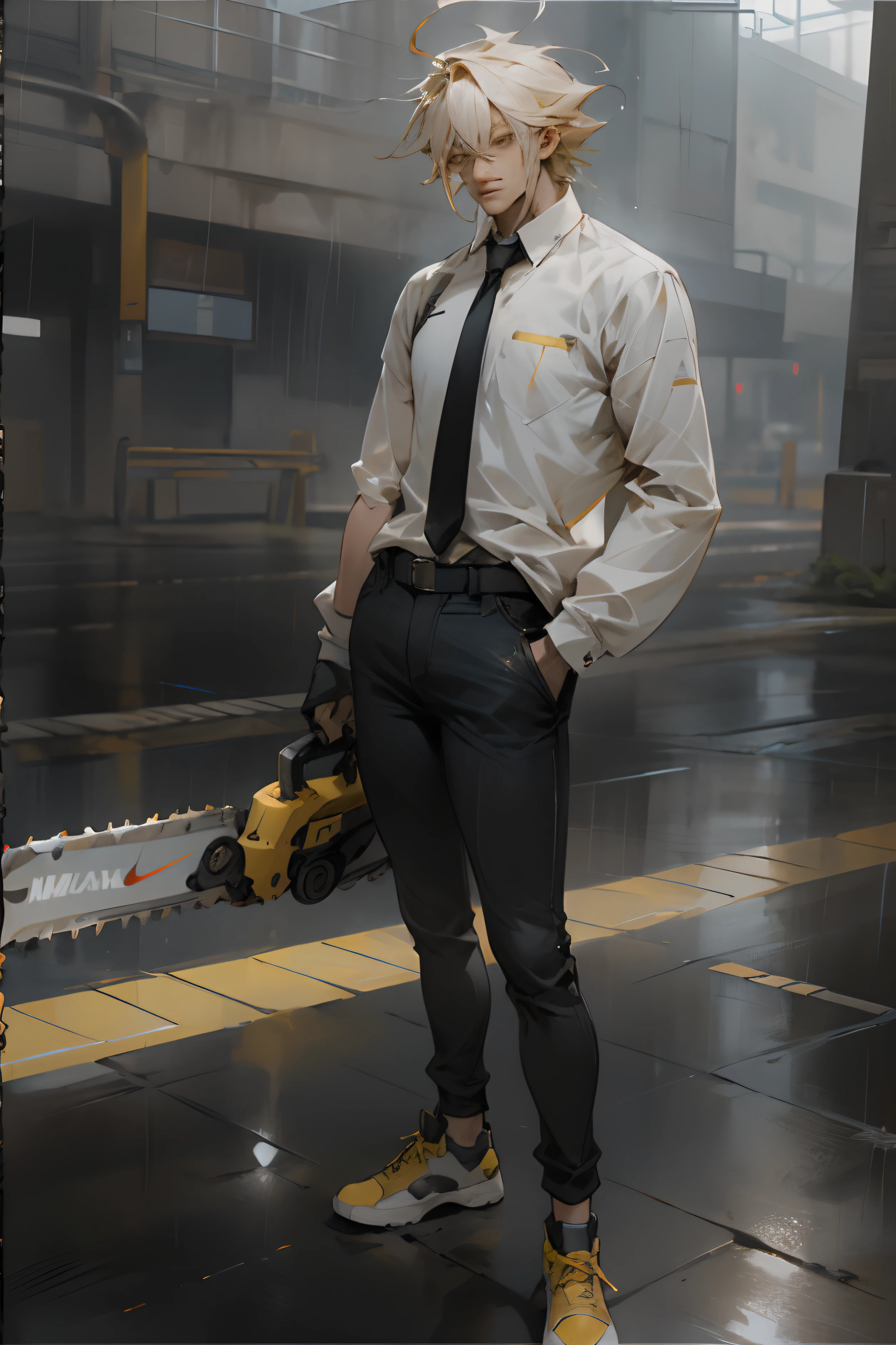 1boy, standing,3/4 view,he is wearing a polo White shirt,long sleeve,yellow hair,denji from chainsaw man,has black jeans,black tie,yellow spike hair,messy hair,Nike white shoes,brown belt around his waist he is holding a chainsaw with both hands,brown eye color ,he is looking at his legs, masterpiece,8k resolution,soft lightning,he is standing on a wet concrete floor,it's raining,water reflect light, building on background,none hand on pocket