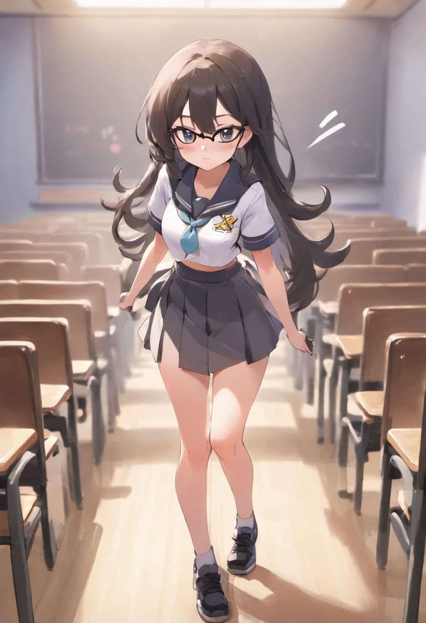 female, (()) long hair, high school, white top uniform, gray bottom, wearing a span skirt, above the knee, white short-sleeved uniform, on the shirt there is a pocket with a brown square emblem, on the left there is school name emblem, all clothes removed, visible, stomach exposed, she is not wearing panties, not wearing a bra, the shadow of her is slightly visible. hard prominent , beautiful face, perfect face, perfect body, she sits in a school chair, classroom background, study table, school chair, room walls, black blackboard with white chalk writing, she is a girl with glasses, lighting from the room window , realistic 3d, perfect 3d image, perfect body, perfect hands , perfect eyes, perfect , black hairy , (( visible)), perfect photography shot, seductive pose, sexy, seen from the best angle, sensual face , bokeh, five fingers, perfect body, black sneakers, full body shot, butt lift, skirt up, ass seen from behind, best view, perfect legs