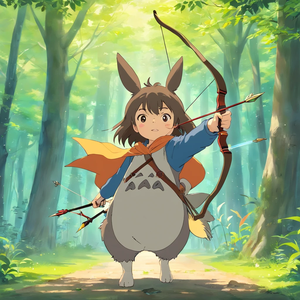 Totoro，Bow and arrow in hand，bow and arrows，Shooting action，Pull away the bow and arrow，The whole body is covered in armor ，NOWAI，No Man，No one appears