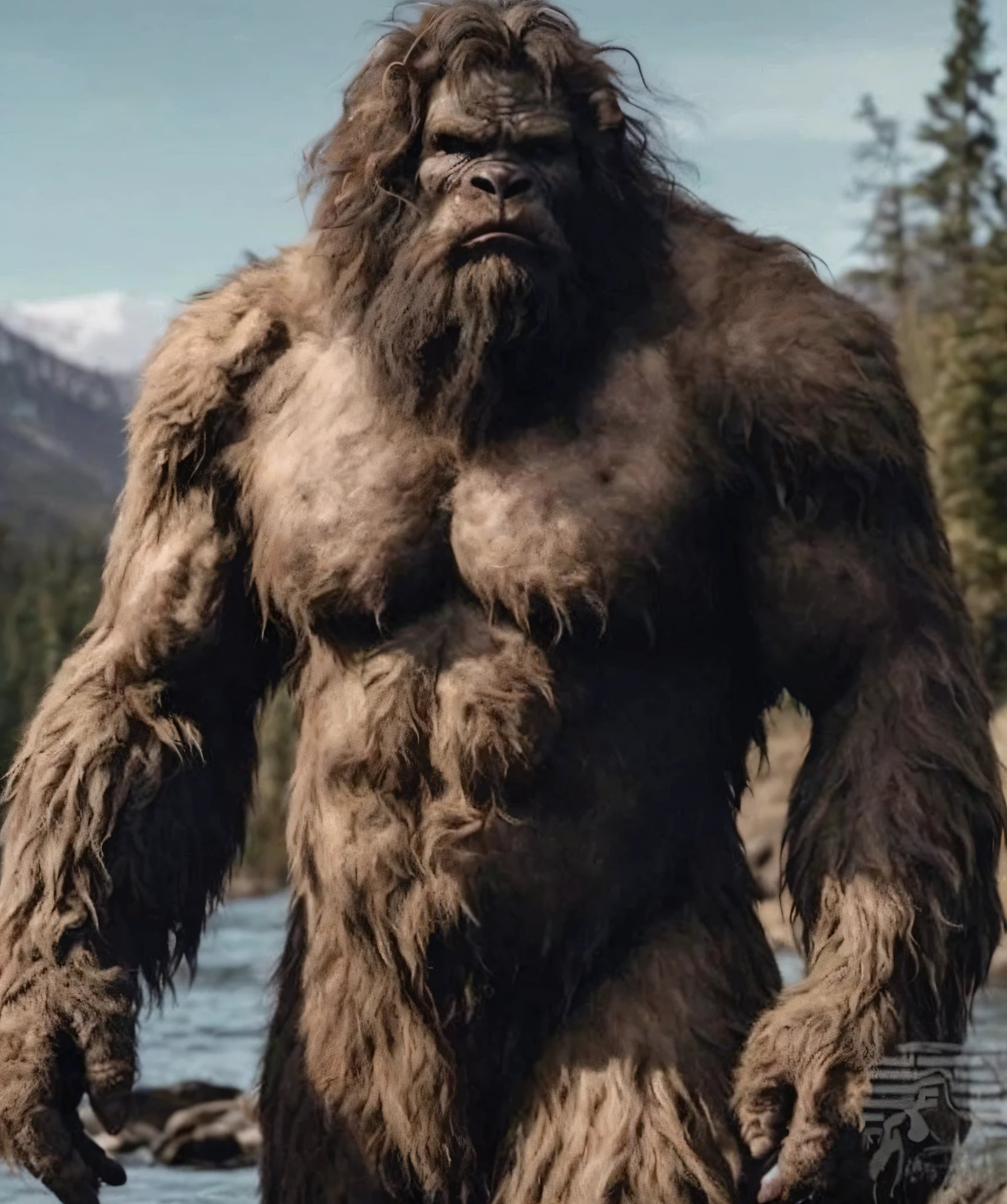 A big foot standing in the water with his hands on his hips, Sasquatch deslumbrante, Sasquatch, ( Sasquatch, very large, Sasquatch irritado, big titan creature in the center, em estilo de macacos primais, humanoides peludos bonitos, uma criatura de 5 metros de altura, porco manbearpig, as an ugly titan, vestindo roupas de homem das cavernas