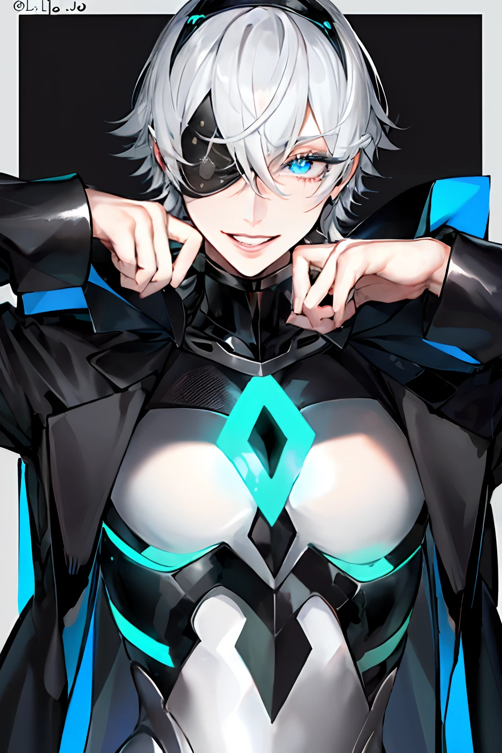 au\(d elete\), 1boy, Bad ID, Bad pixiv id, Black edging, Black jacket, blindfolds, Blindfolded, blue eyess, Border, Color eyelashes, Fingers crossed, eye lashes, glitters, Luminous eyes, Gojo Gojo, hair between eye, Raise your hands, High collar, Hi-Res, jaket, long-sleeve, Look at viewers, Male Focus, cparted lips, beautiful man,a smile, 独奏, Twitter username, The upper part of the body, silber hair, ((masterpiece))