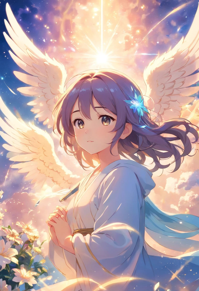 Create a heavenly image of angels in an ethereal and peace-filled setting. Os anjos devem ser representados com asas brancas e radiantes, Resplendent garments and serene expressions. Eles podem estar em pleno voo ou em uma pose tranquila, Emanating peace of mind and protection. The setting must be a heavenly paradise, com nuvens macias, raios de luz dourada, harpas ou outros instrumentos celestiais, and an environment that conveys a sense of harmony and serenity. Use uma paleta de cores suaves e delicadas para criar uma atmosfera angelical. Make Sure The Angels Seem Benevolent And Welcoming. Deixe a sua criatividade fluir para representar a beleza e a divindade desses seres celestiais.