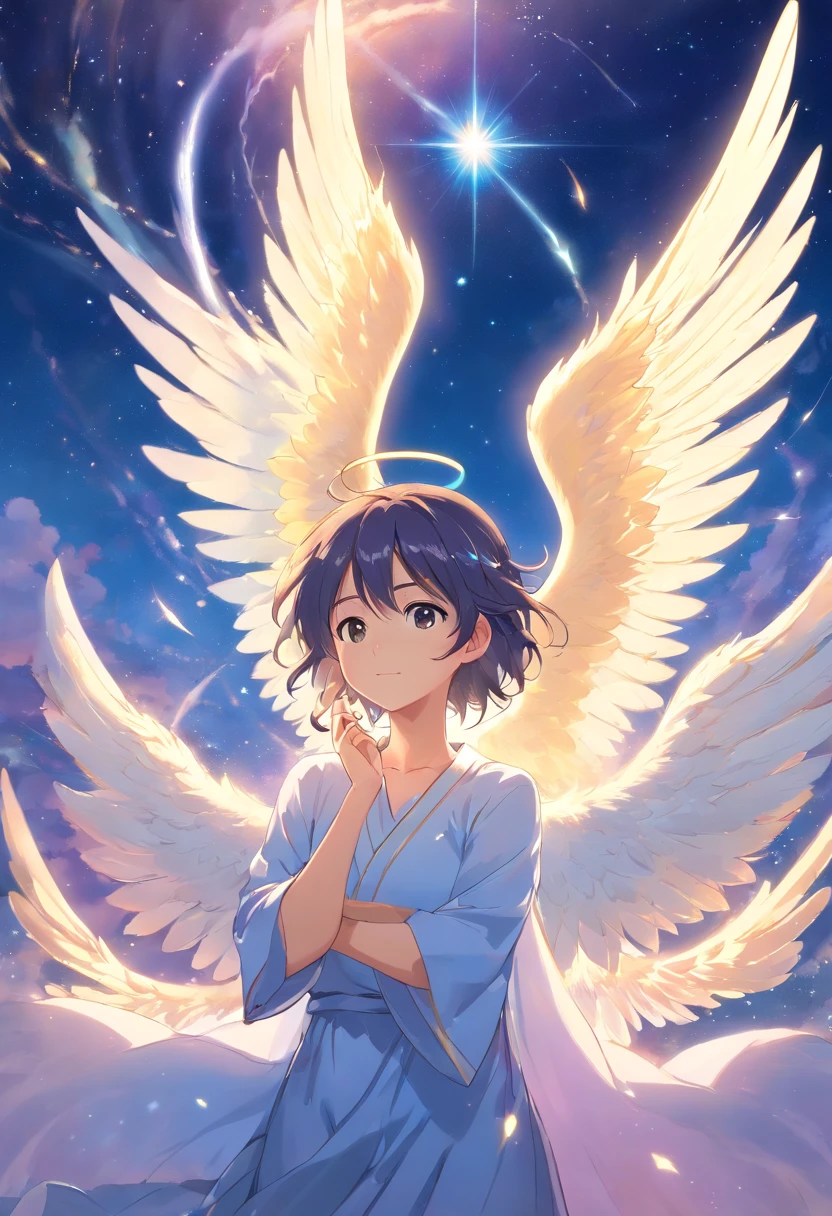Create a heavenly image of angels in an ethereal and peace-filled setting. Os anjos devem ser representados com asas brancas e radiantes, Resplendent garments and serene expressions. Eles podem estar em pleno voo ou em uma pose tranquila, Emanating peace of mind and protection. The setting must be a heavenly paradise, com nuvens macias, raios de luz dourada, harpas ou outros instrumentos celestiais, and an environment that conveys a sense of harmony and serenity. Use uma paleta de cores suaves e delicadas para criar uma atmosfera angelical. Make Sure The Angels Seem Benevolent And Welcoming. Deixe a sua criatividade fluir para representar a beleza e a divindade desses seres celestiais.