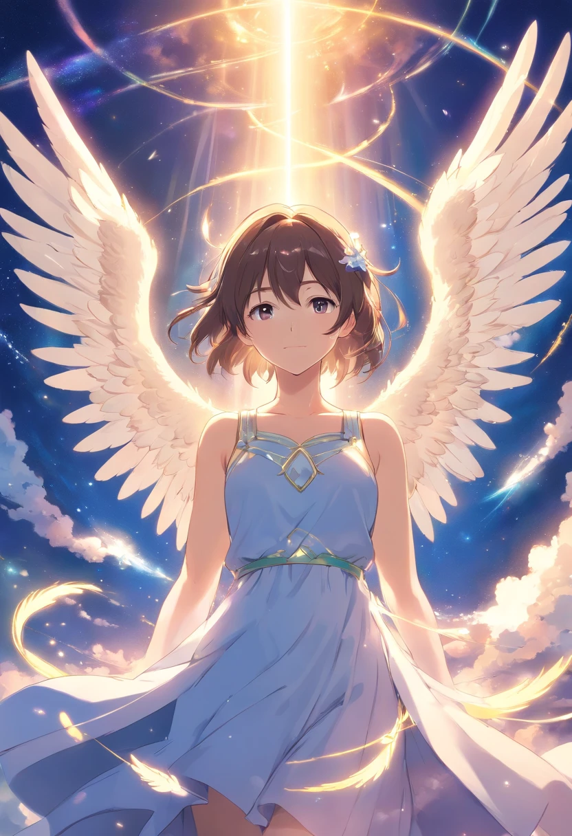 Create a heavenly image of angels in an ethereal and peace-filled setting. Os anjos devem ser representados com asas brancas e radiantes, Resplendent garments and serene expressions. Eles podem estar em pleno voo ou em uma pose tranquila, Emanating peace of mind and protection. The setting must be a heavenly paradise, com nuvens macias, raios de luz dourada, harpas ou outros instrumentos celestiais, and an environment that conveys a sense of harmony and serenity. Use uma paleta de cores suaves e delicadas para criar uma atmosfera angelical. Make Sure The Angels Seem Benevolent And Welcoming. Deixe a sua criatividade fluir para representar a beleza e a divindade desses seres celestiais.