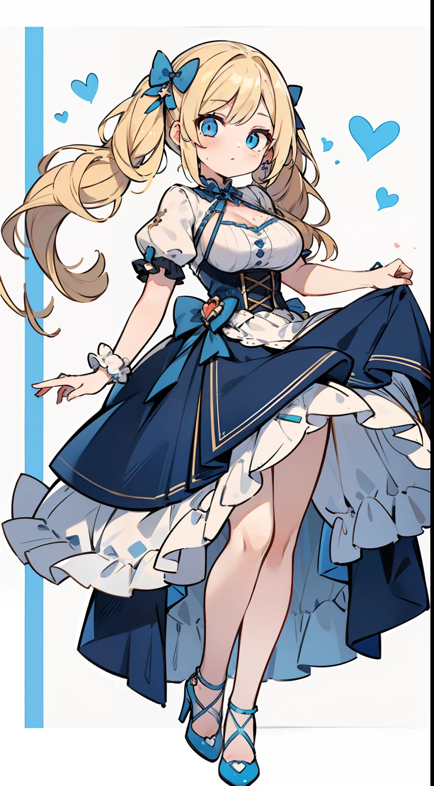 1girl in, fullllbody, Character Design, (((Light blonde curly low pigtails)), ((Eyes are blue)),  (Sauce order), ((White hairpin)), (Mole under the left eye), Long bangs, Eyes are hearts, Brainwashed, large full breasts, High quality, 痴女, Magic Makeover, Blue Lolita Dress Costume, White high heels, Wide Shot, Detailed background of the prison