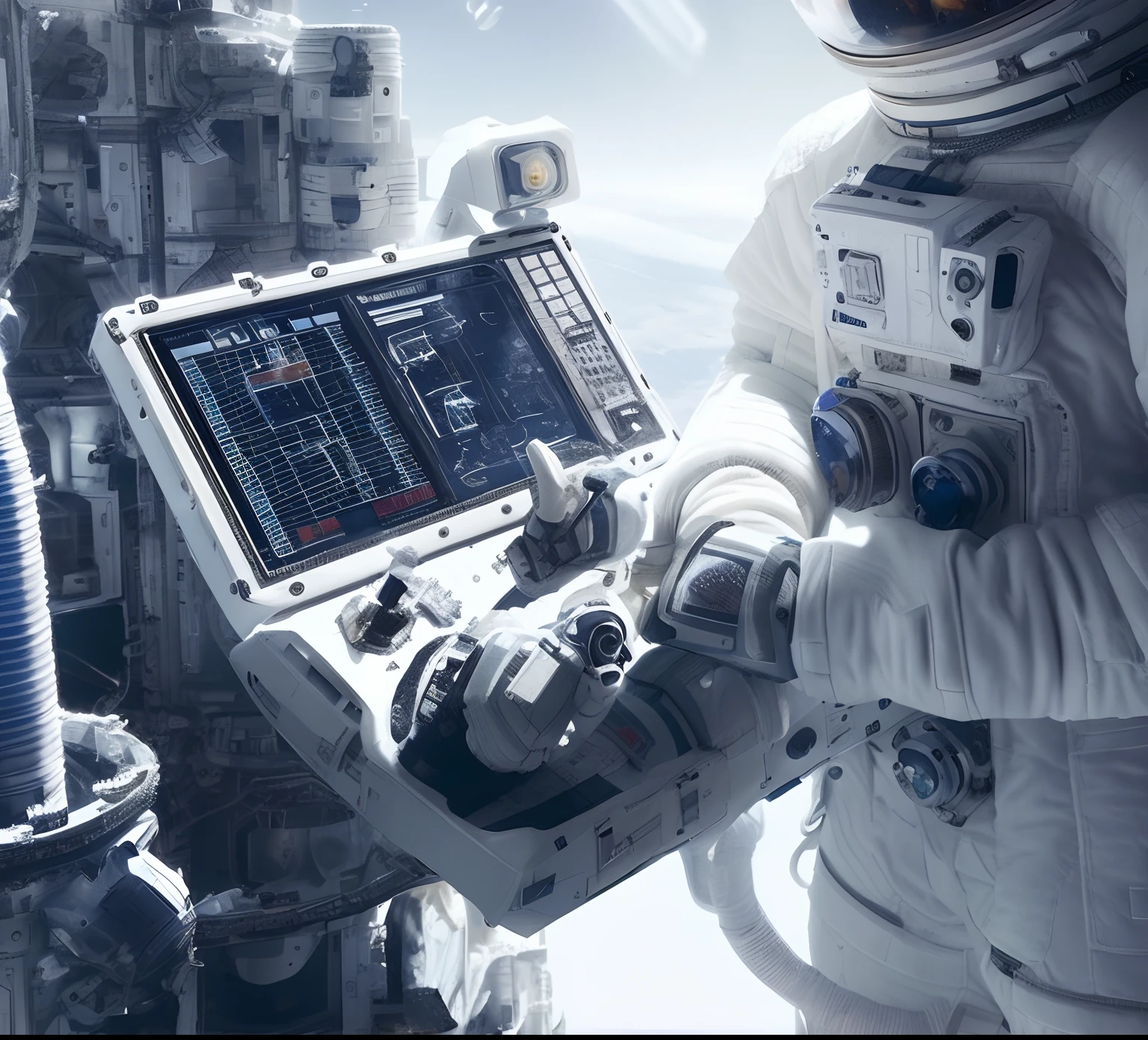 astronaut in white spacesuit holding a tablet computer in front of a space station, intricate machine in space, astronauts and space colonies, space walk scene, an astronaut in space, detailed astronaut, astronaut in space, detailed space suit, portrait of an ai astronaut, interstellar space suit, sci-fi computer, inspired by Alan Bean, fully space suited