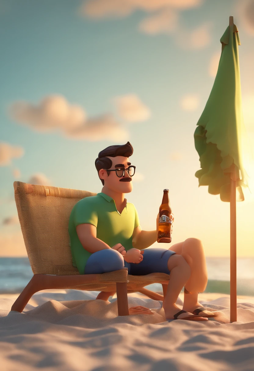 pixar style: make a picture of a man that looks like me with short brown hair and dark brown eyeglasses, green eye, drinking a beer at the beach and a all black shih-tsu dog with him