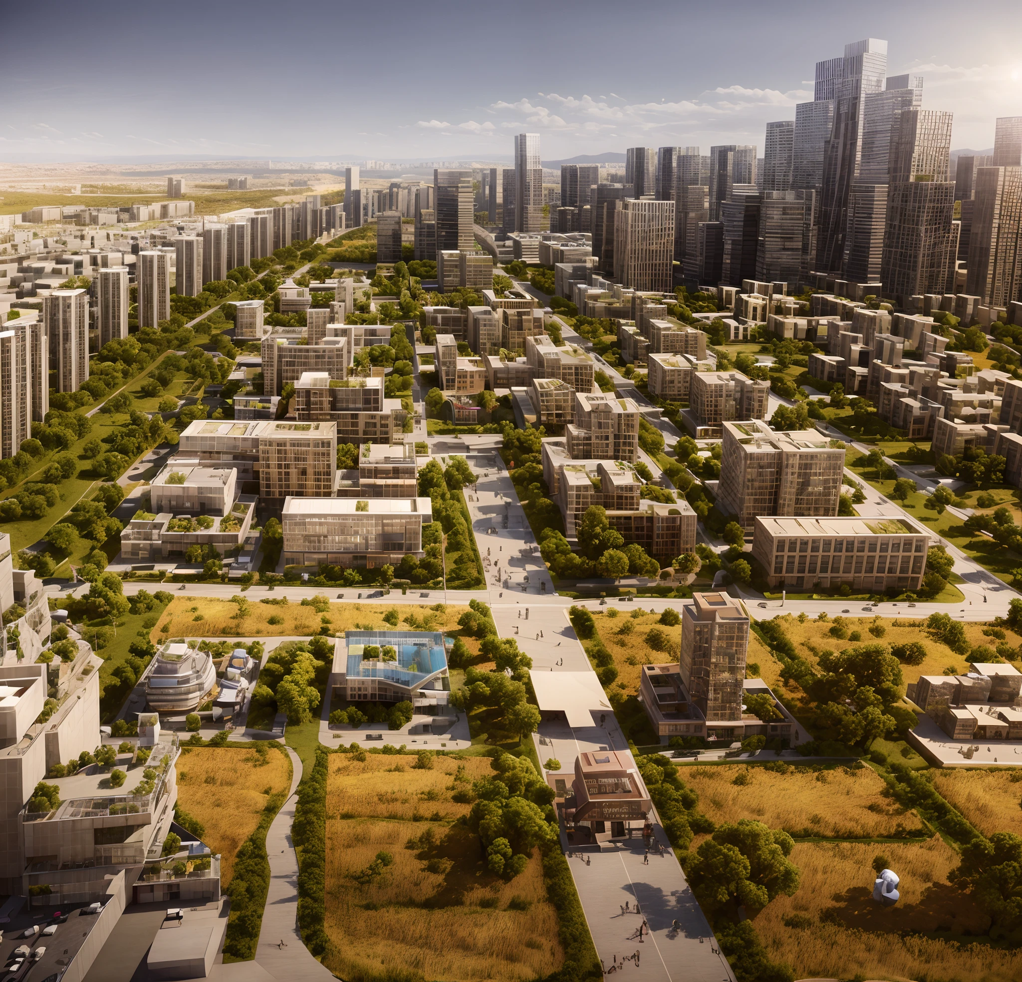 a close up of a city with a lot of buildings and a lot of people, A scene from the《SimCity》PC games, dystopian city, satisfactory screenshot, breathtaking art, Epic fantasy realism, stunning screenshot, entire city in view, city in desert, ruined city in the background, urban backdrop, town background，4K，A lot of detail，