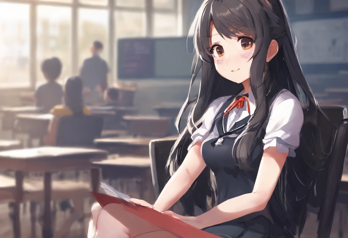 female, (()) long hair, high school, white top uniform, gray bottom, wearing a span skirt, above the knee, white short-sleeved uniform, on the shirt there is a pocket with a brown square emblem, on the left there is school name emblem, all clothes removed, visible, stomach exposed, she is not wearing panties, not wearing a bra, the shadow of her is slightly visible. hard prominent , beautiful face, perfect face, perfect body, she sits in a school chair, classroom background, study table, school chair, room walls, black blackboard with white chalk writing, she is a girl with glasses, lighting from the room window , realistic 3d, perfect 3d image, perfect body, perfect hands , perfect eyes, perfect , black hairy , (( visible)), perfect photography shot, seductive pose, sexy, seen from the best angle, sensual face , bokeh, five fingers, perfect body, black sneakers, full body shot, butt lift, skirt up, ass seen from behind, best view, perfect legs