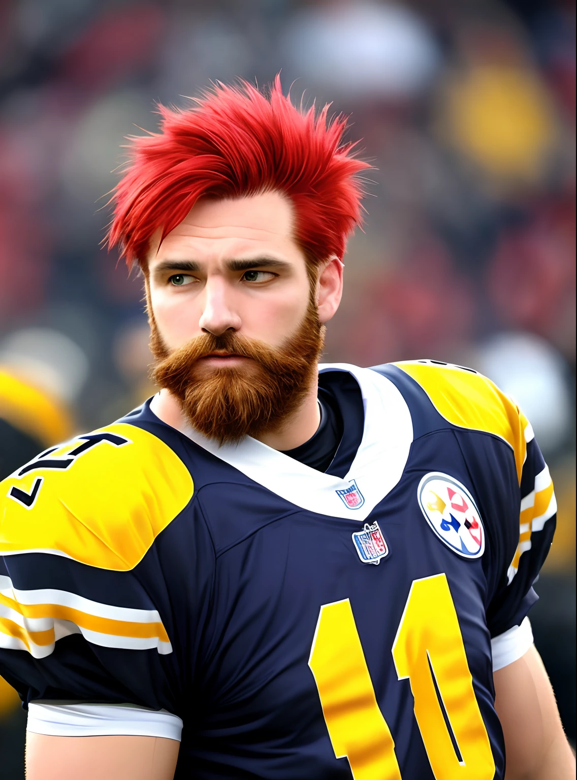 Red haired bearded man wearing Steelers jersey