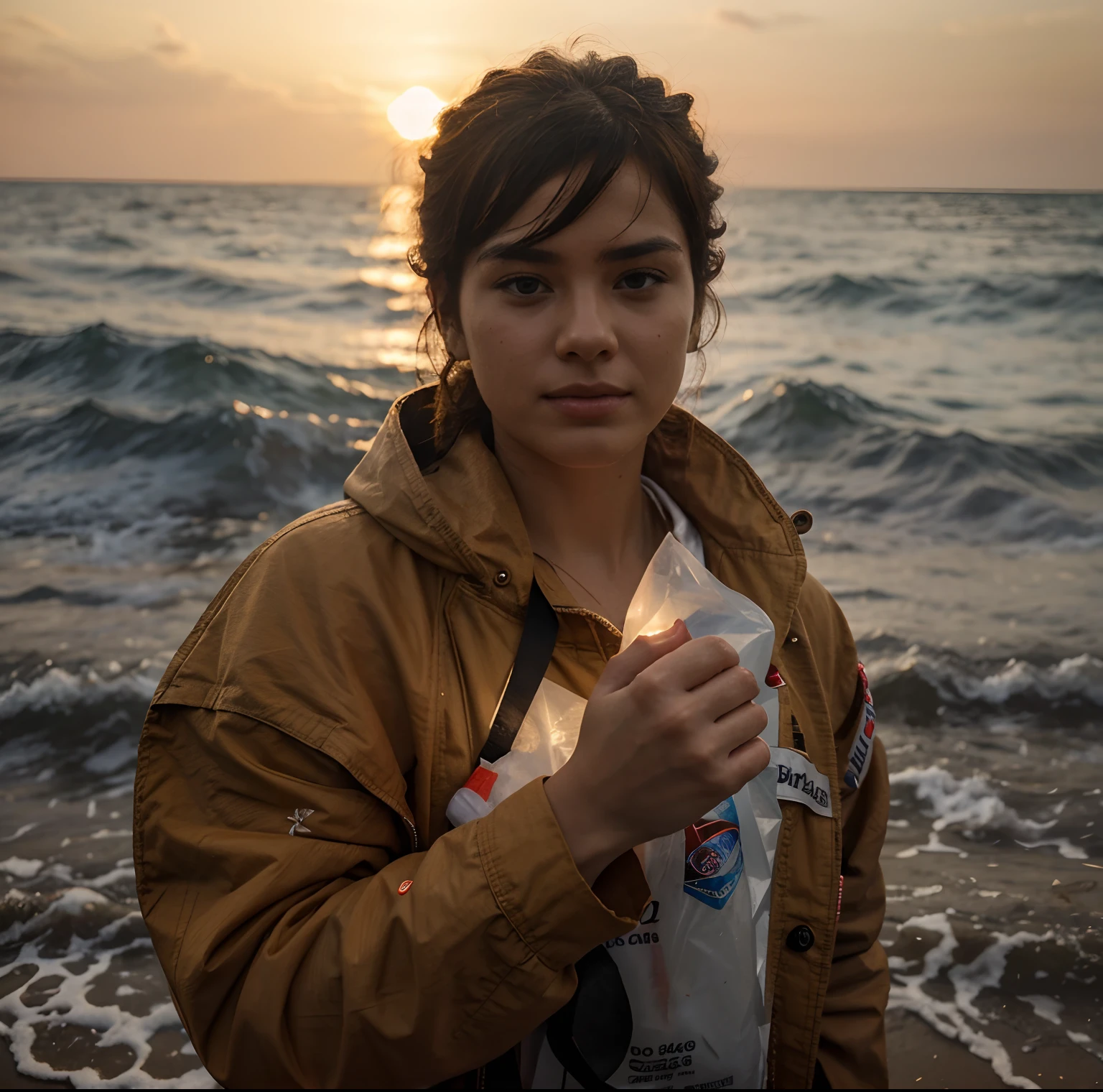 I have a fire in my hand., My back is in the sea, And I have a plastic bag in my other hand.