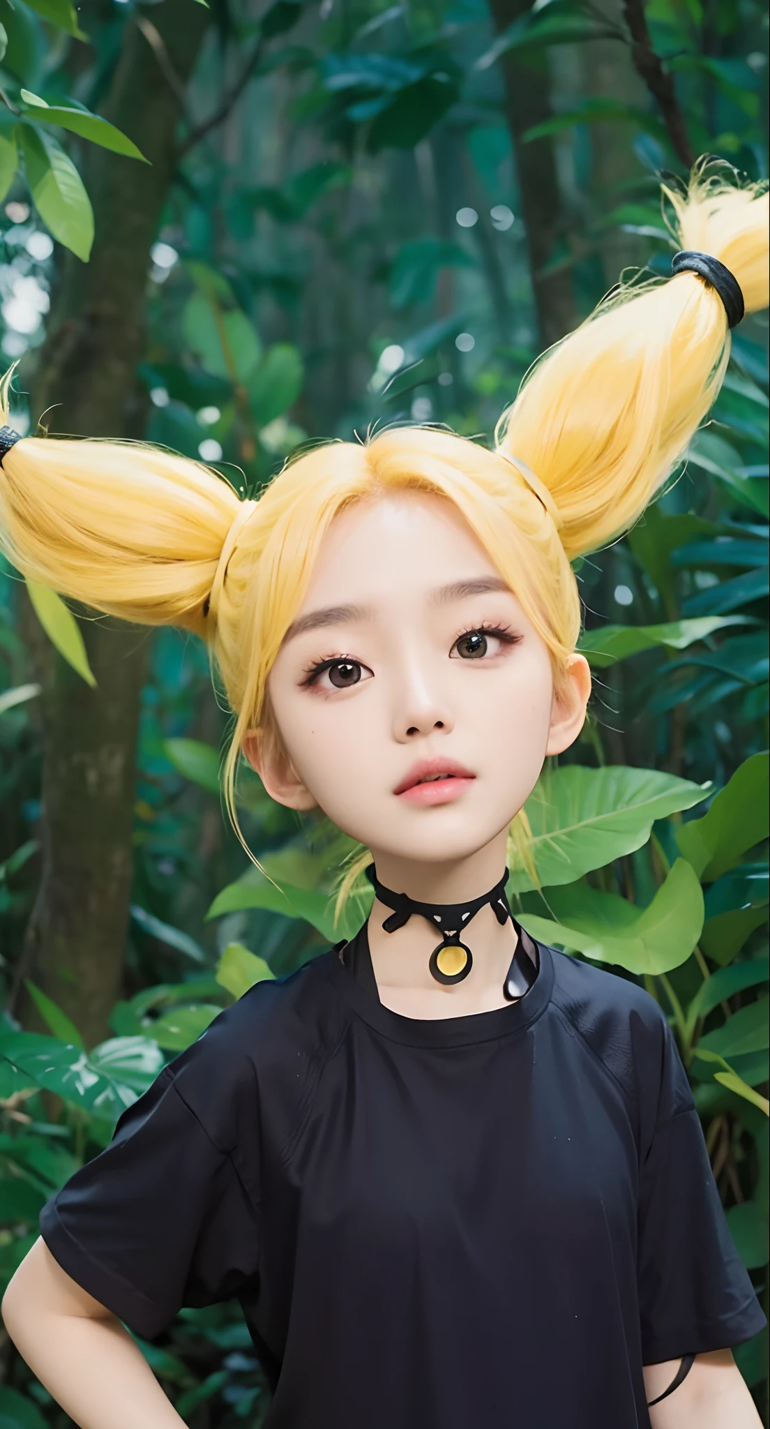 Real life adaption of this character, Korean teen beauty face,looking to viewer,realistic same yellow hairstyle ,realistic jungle with many grass background, hyper realistic, realistic light, realistic shadow, realism,(photorealistic:1.2), (realistic same outfit), normal eyes